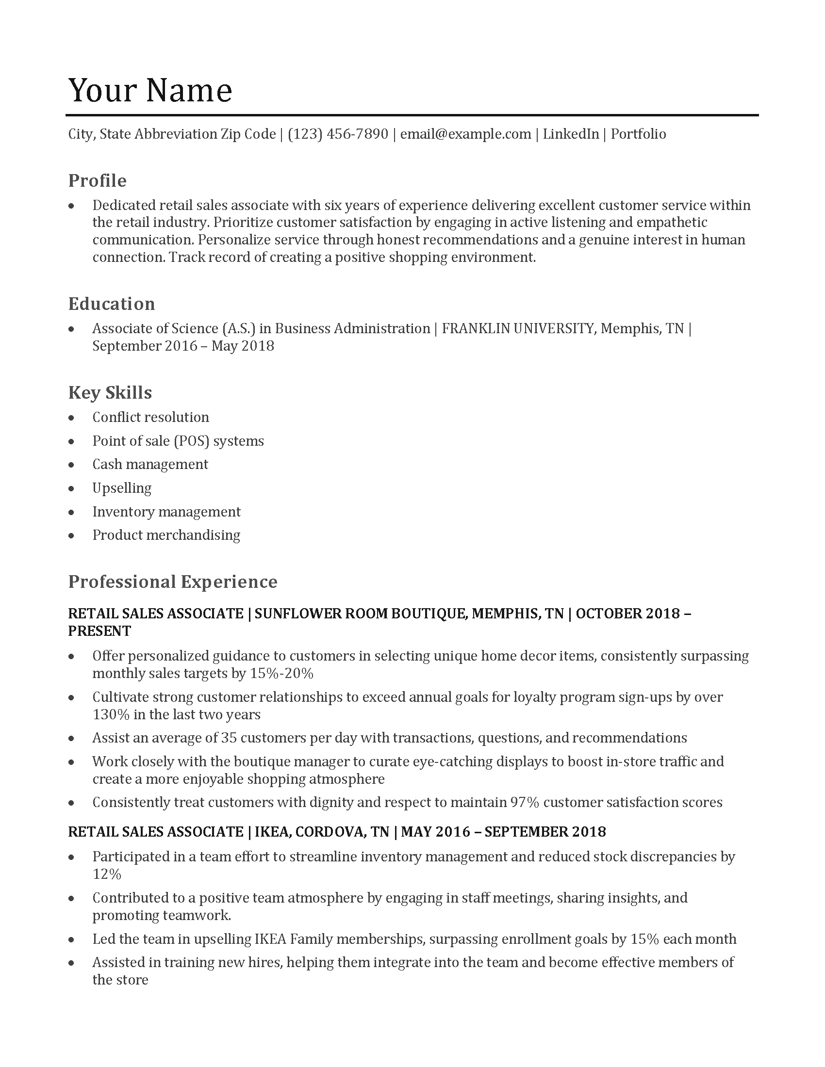 Retail Sales Associate Resume Example