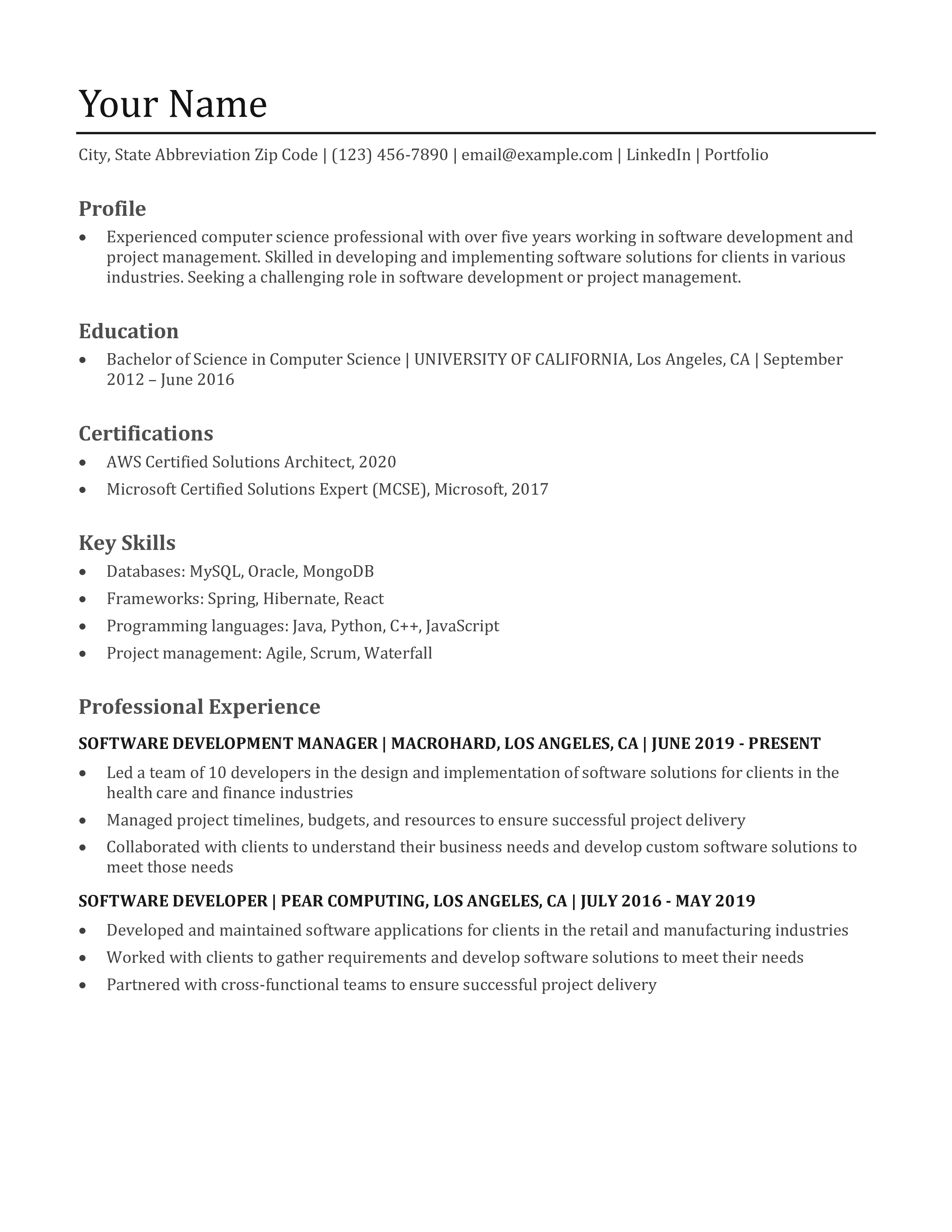 Computer Science Resume Example