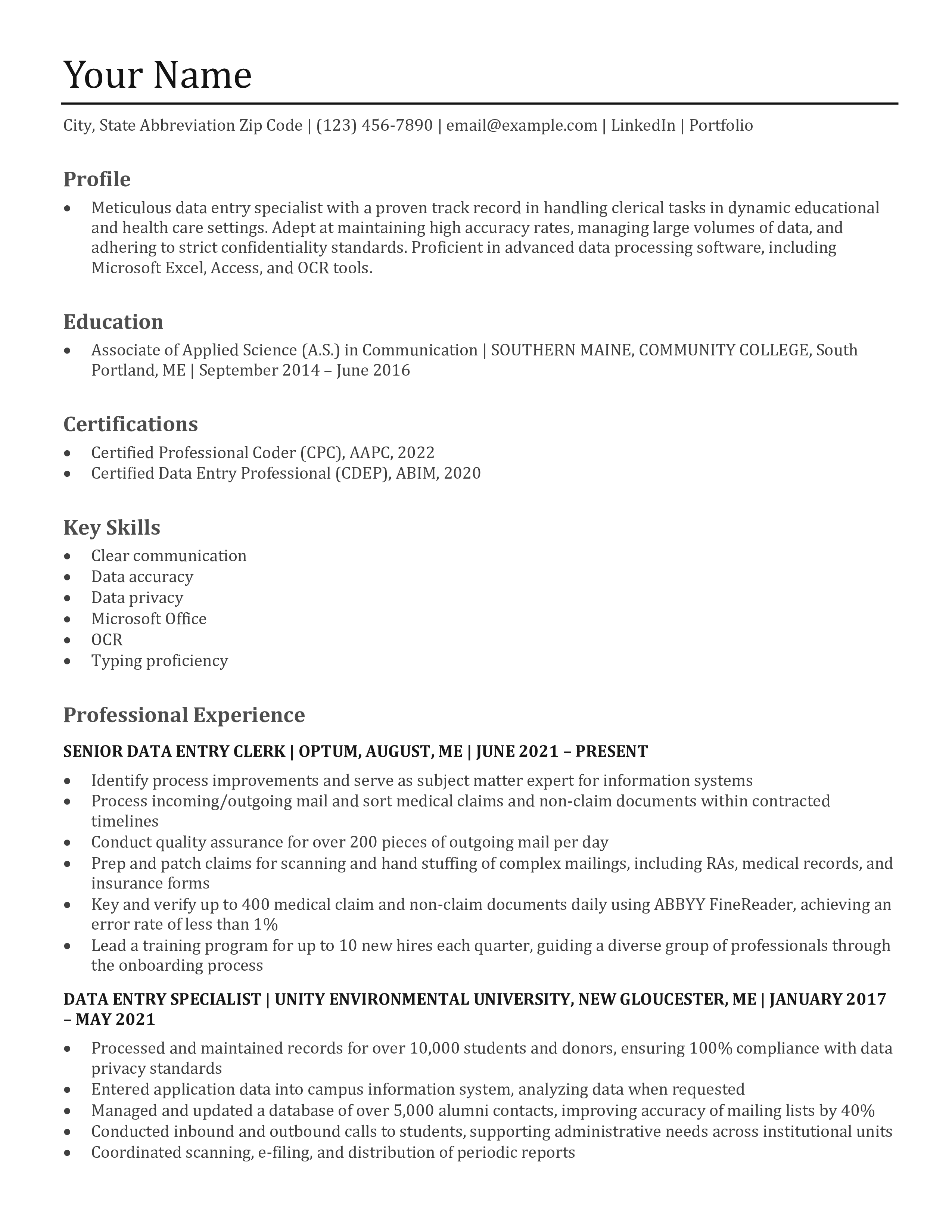 Data Entry Resume Example