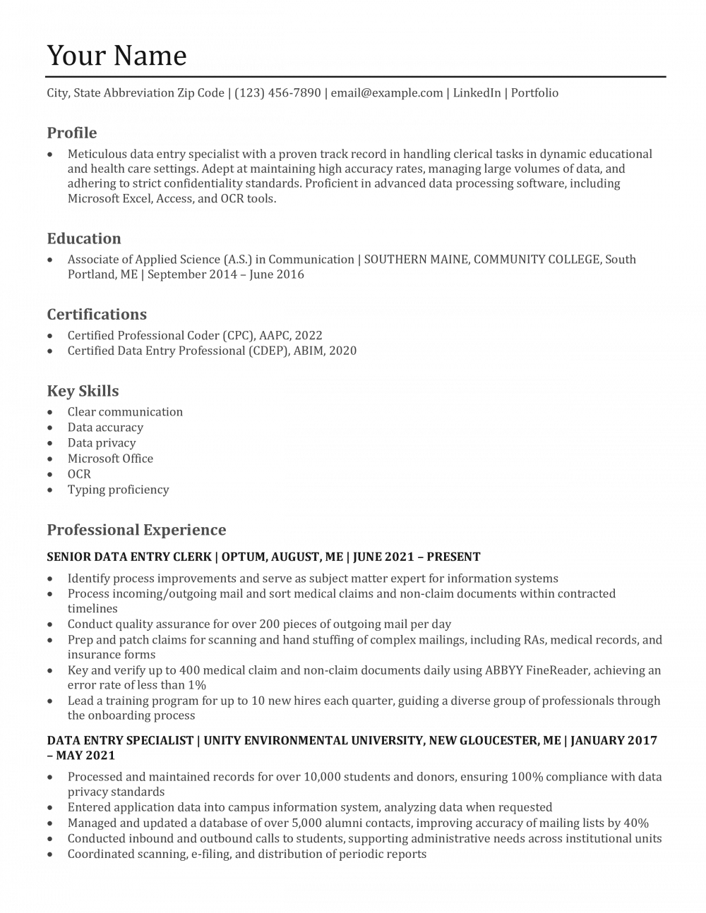 Data Entry Resume Example
