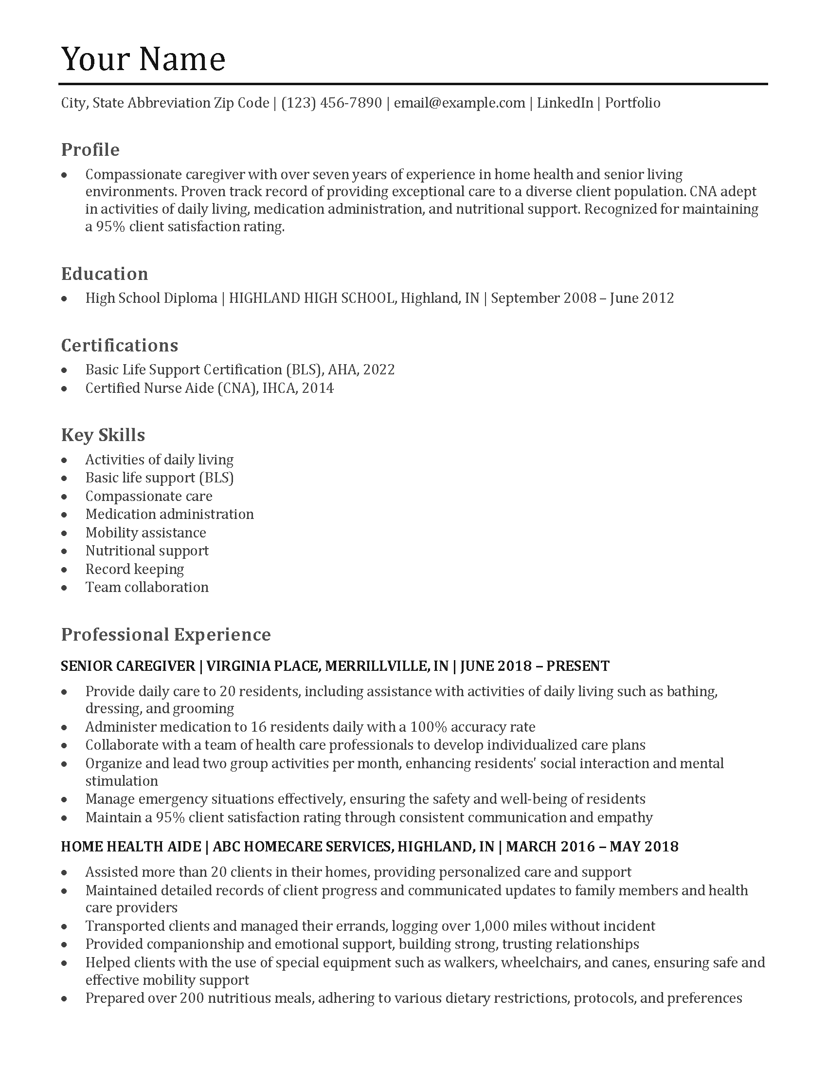 Certified Nursing Assistant Resume - Caregiver Resume Templates And Examples Image 