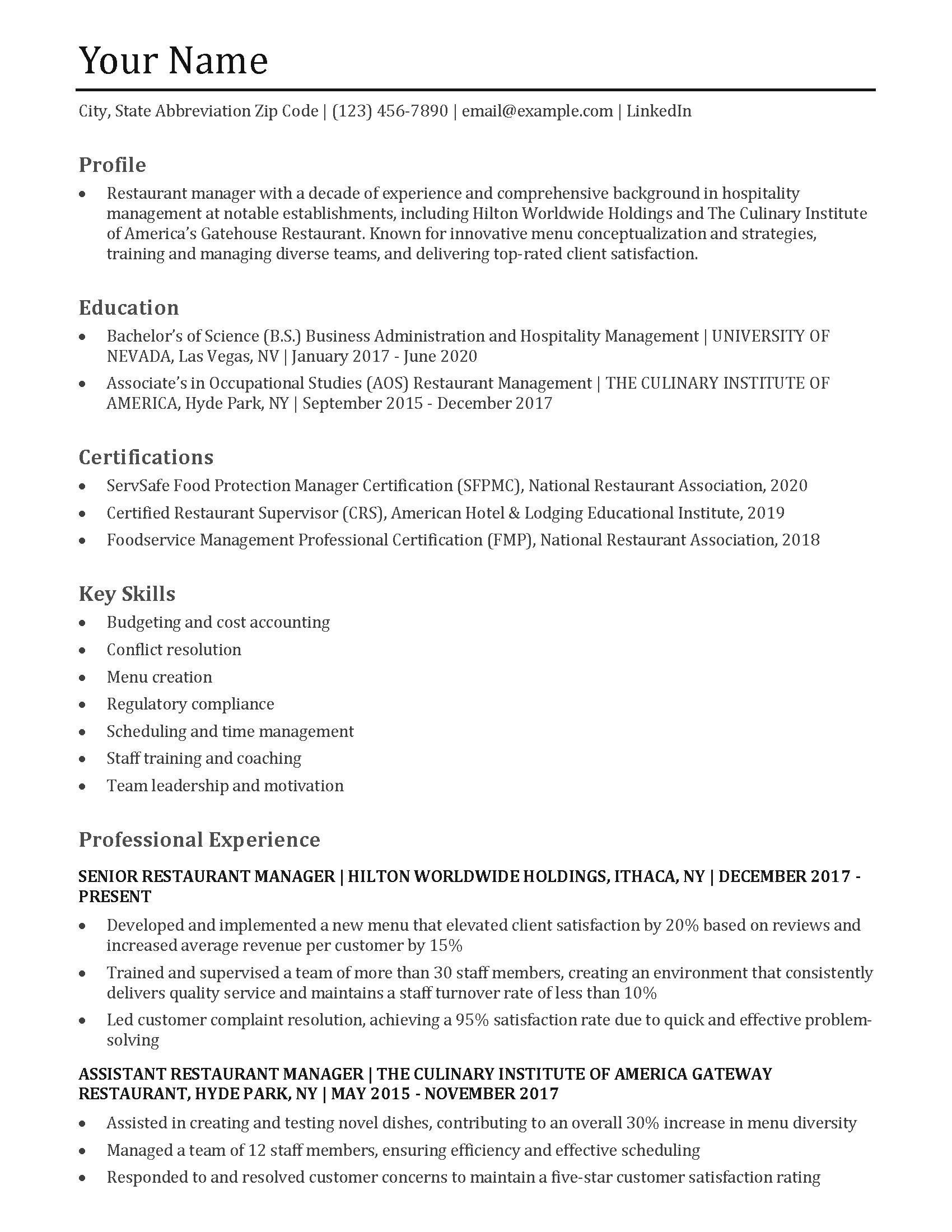 Restaurant Manager Resume Templates and Examples Image