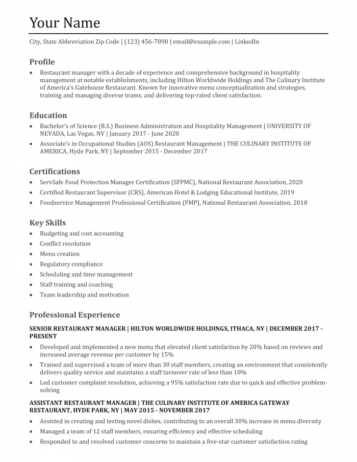 Restaurant Manager Resume Templates and Examples
