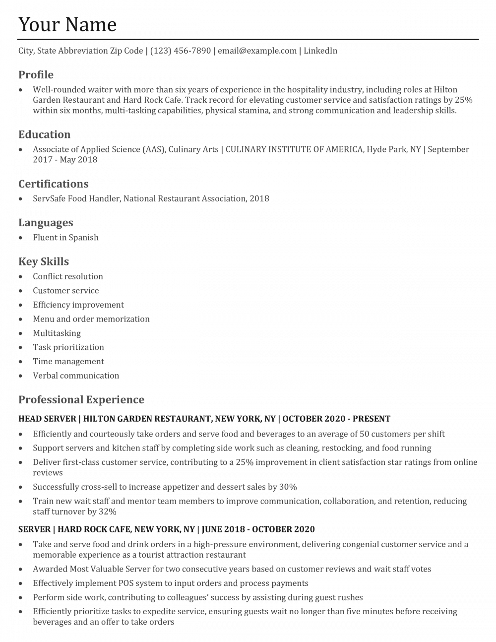 Waiter_Waitress Resume Templates and Examples