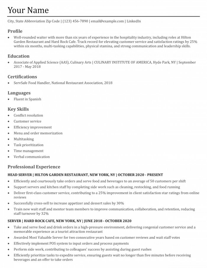 Waiter_Waitress Resume Templates and Examples