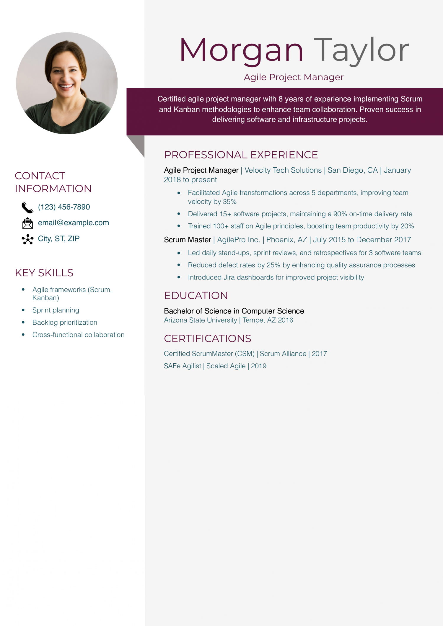 Agile Project Manager Resume Example