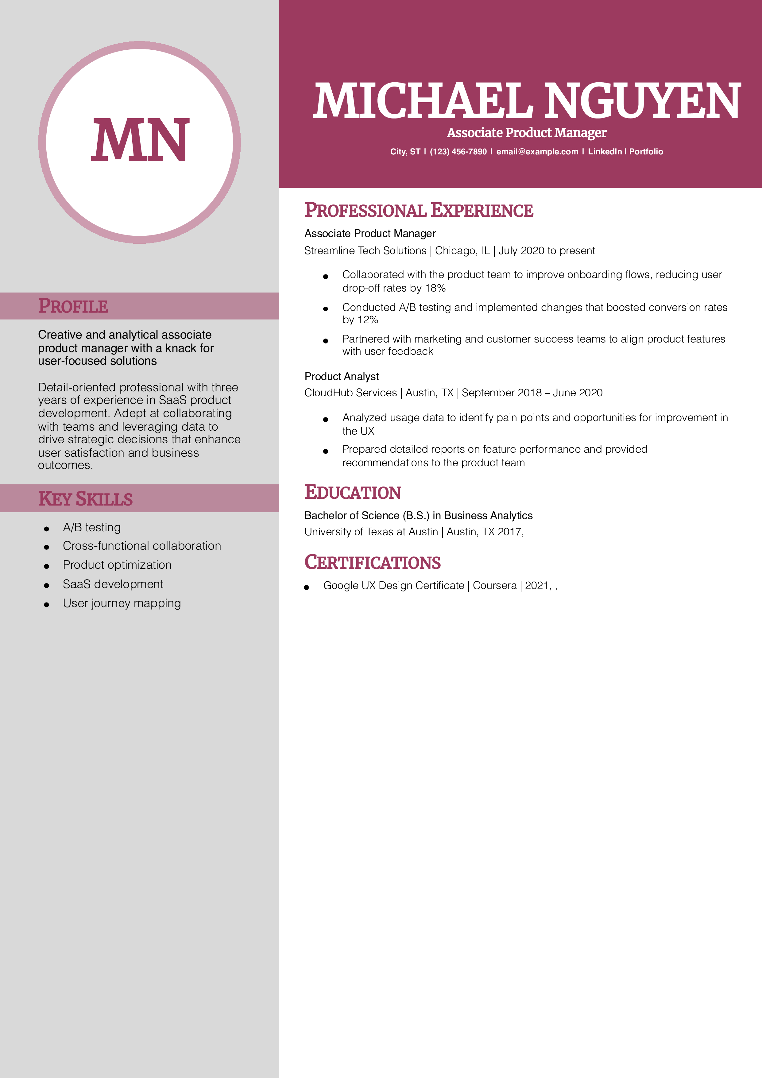 Associate Product Manager Resume Example