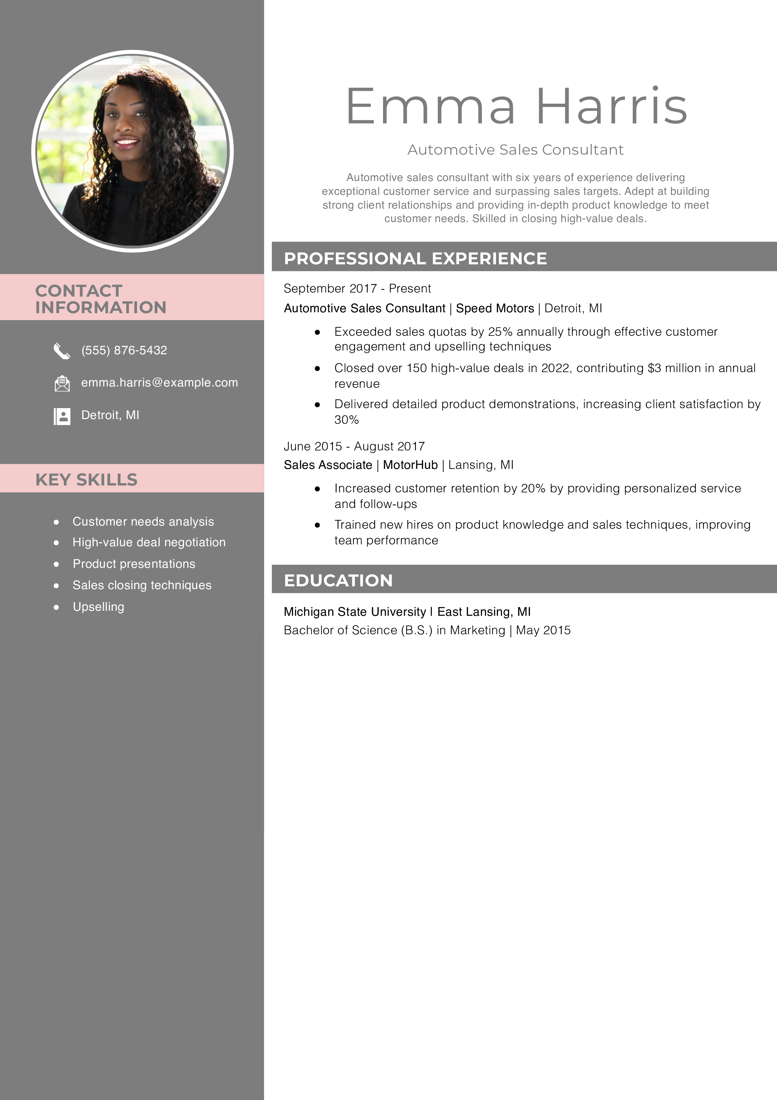 Automotive Sales Consultant Resume Example