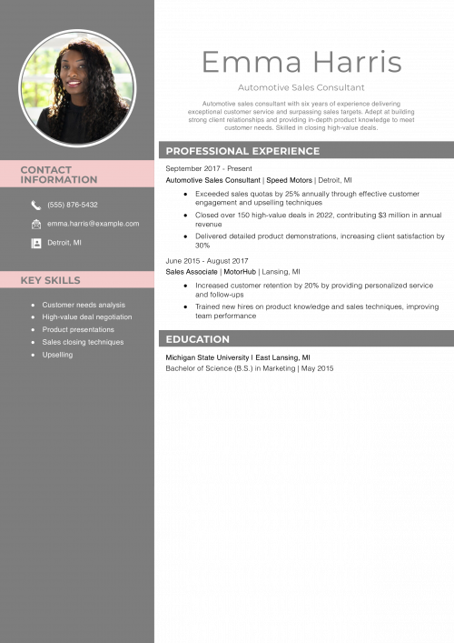 Automotive Sales Consultant Resume Example
