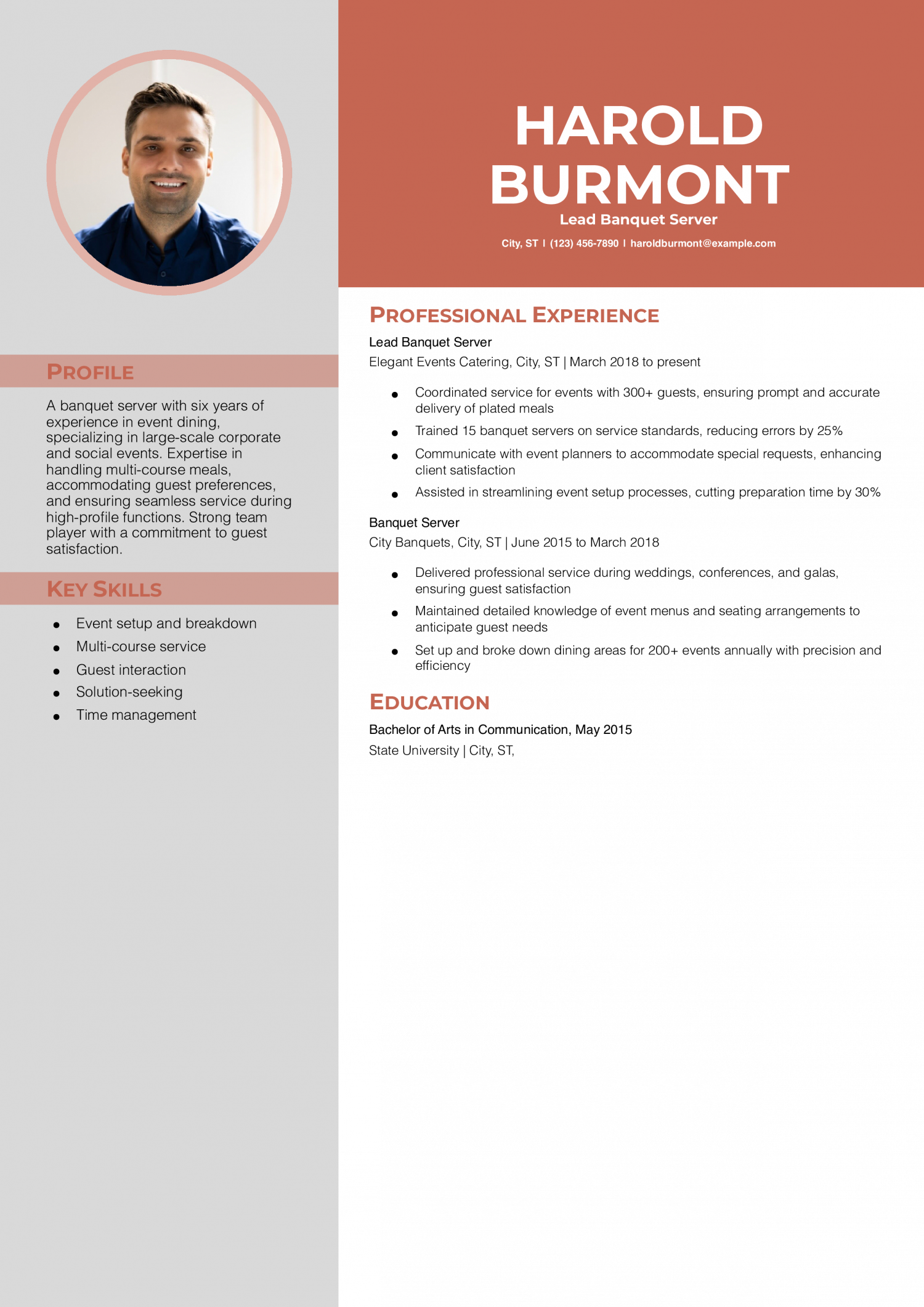 Banquet Server Resume Example