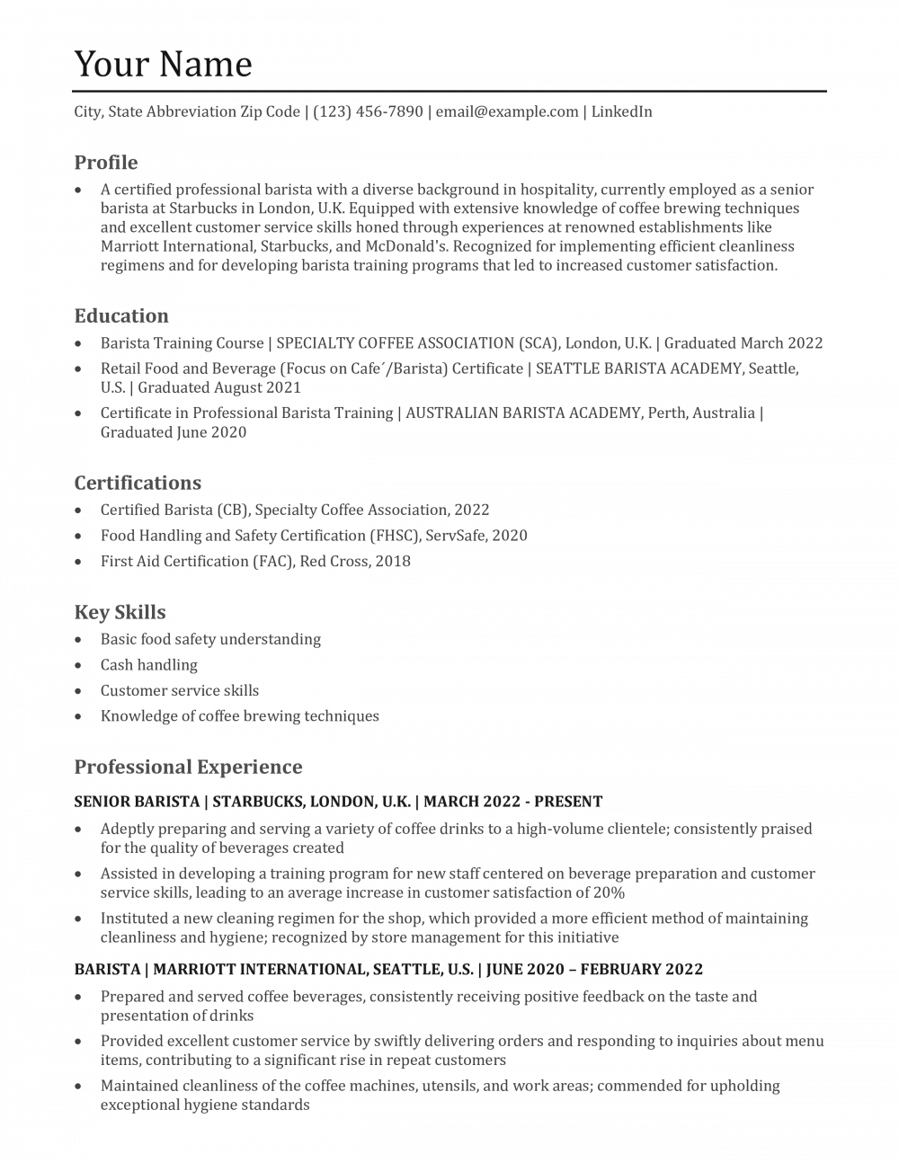 Barista Resume Templates and Examples