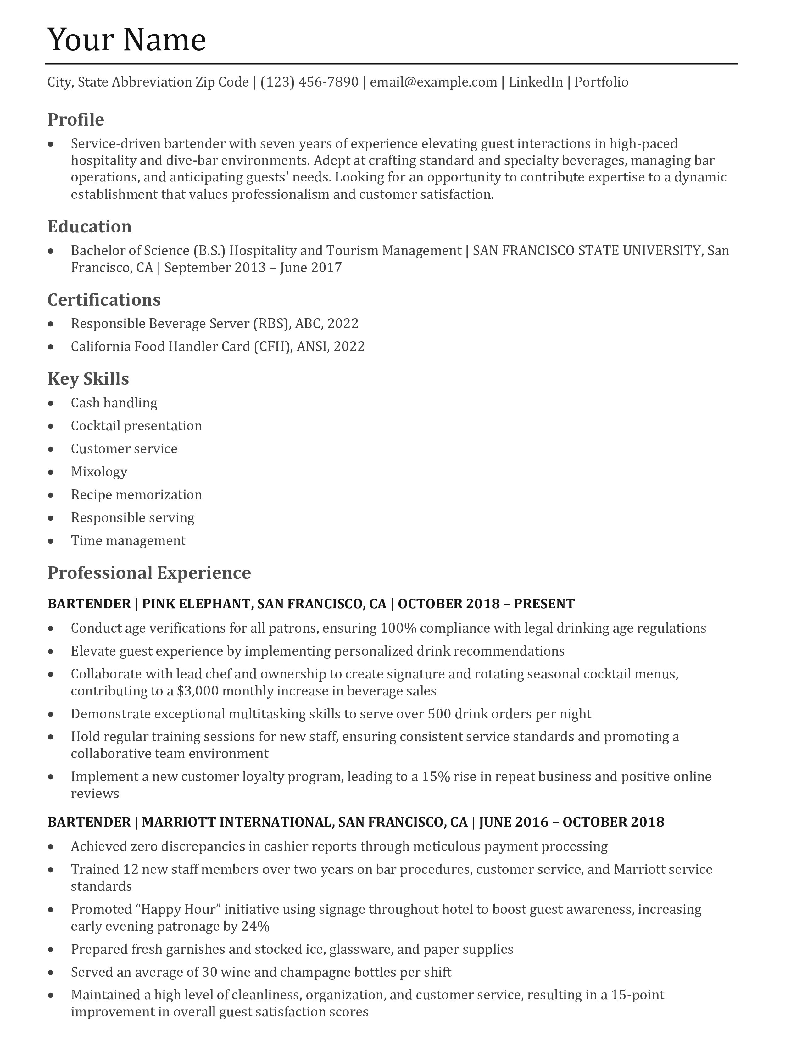 Bartender Resume Templates and Examples