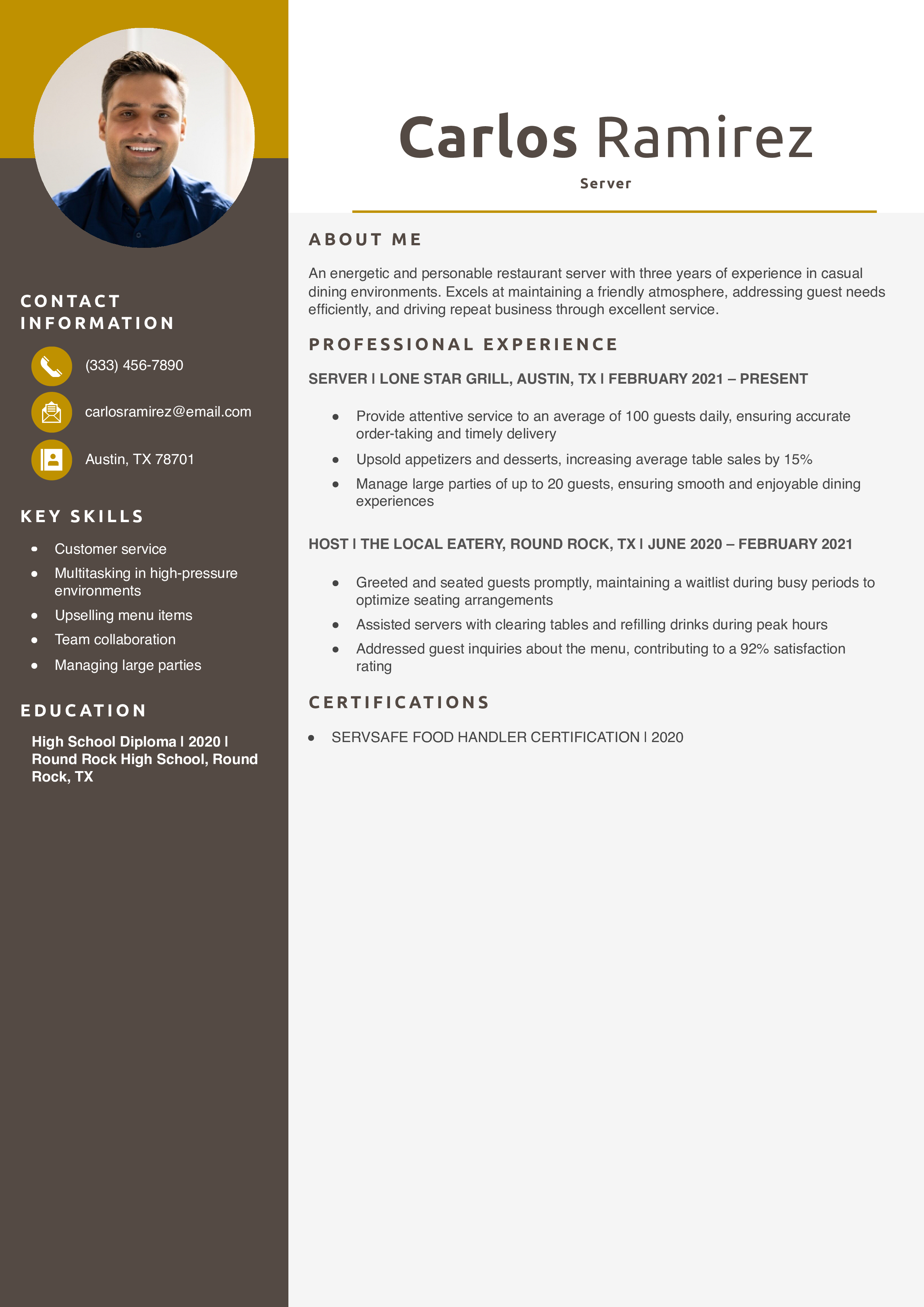 Casual Dining Server Resume Example