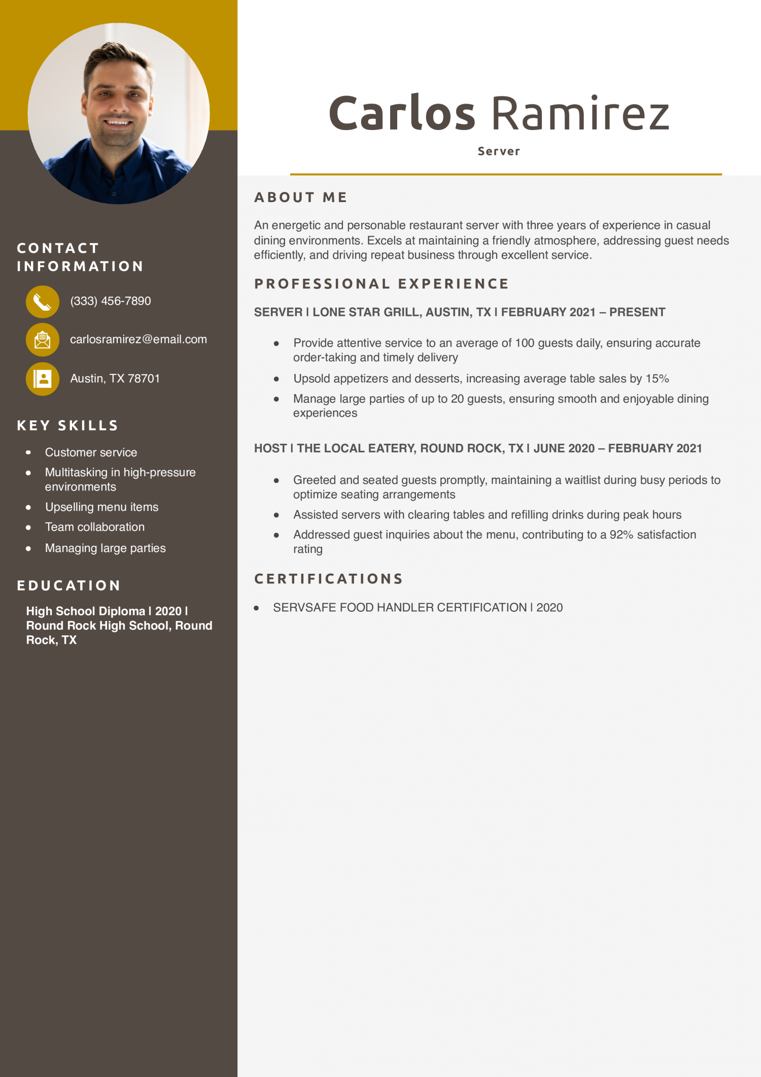 Casual Dining Server Resume Example