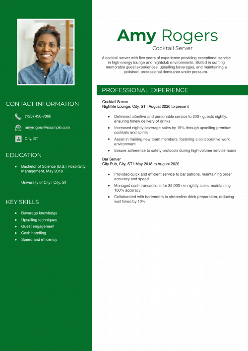 Cocktail Server Resume Example