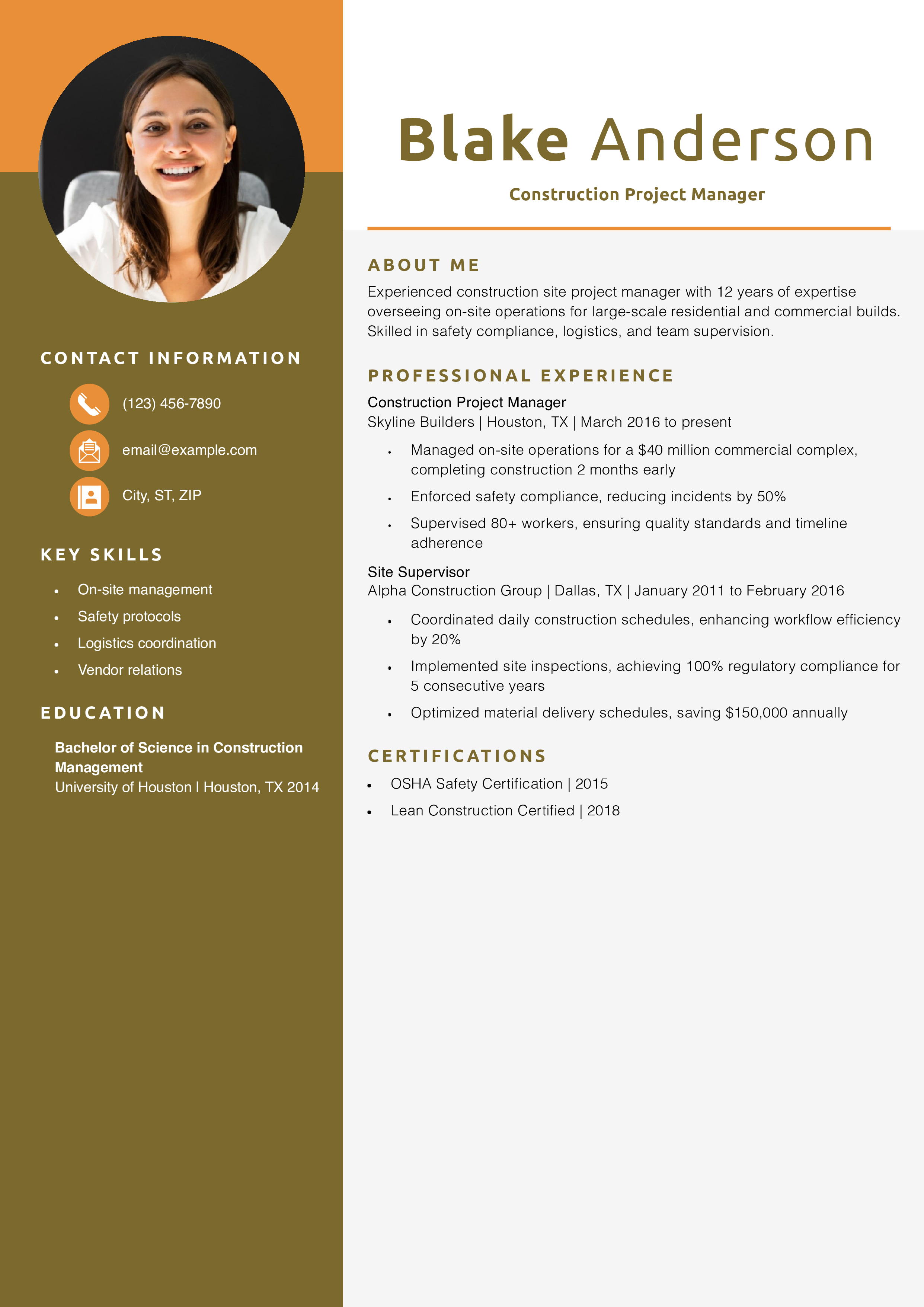 Construction Site Project Manager Resume Example