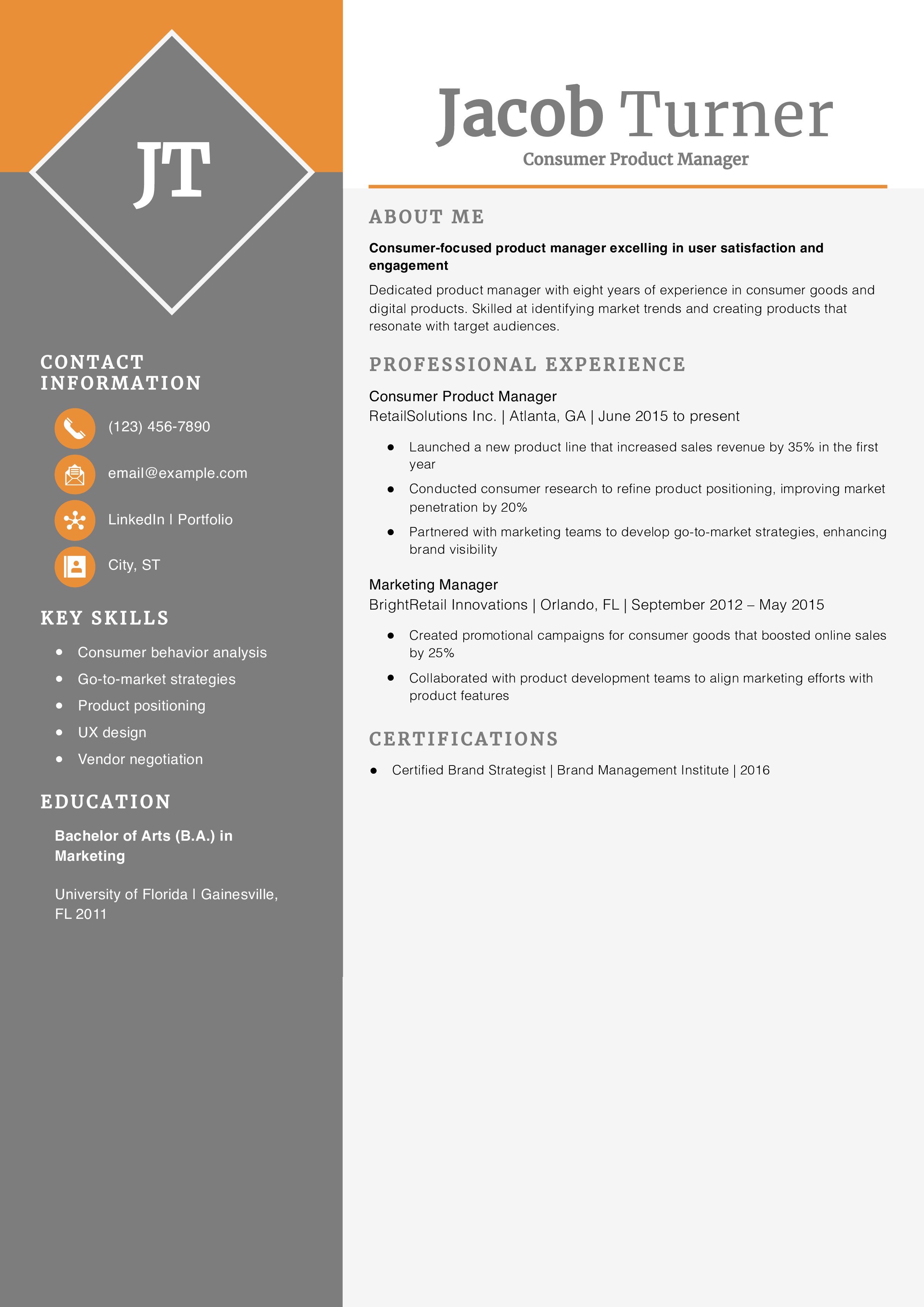 Consumer Product Manager Resume Example