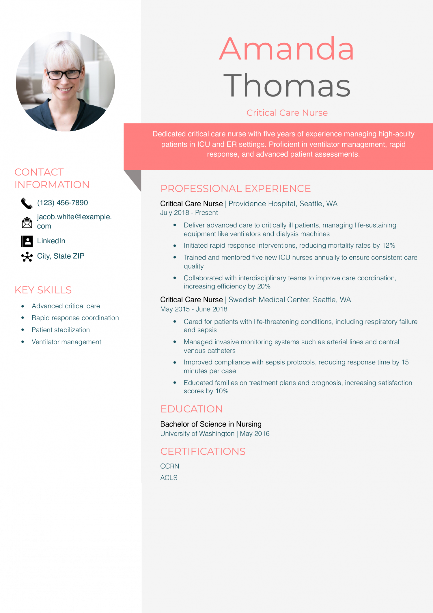 Critical Care Registered Nurse Resume Example