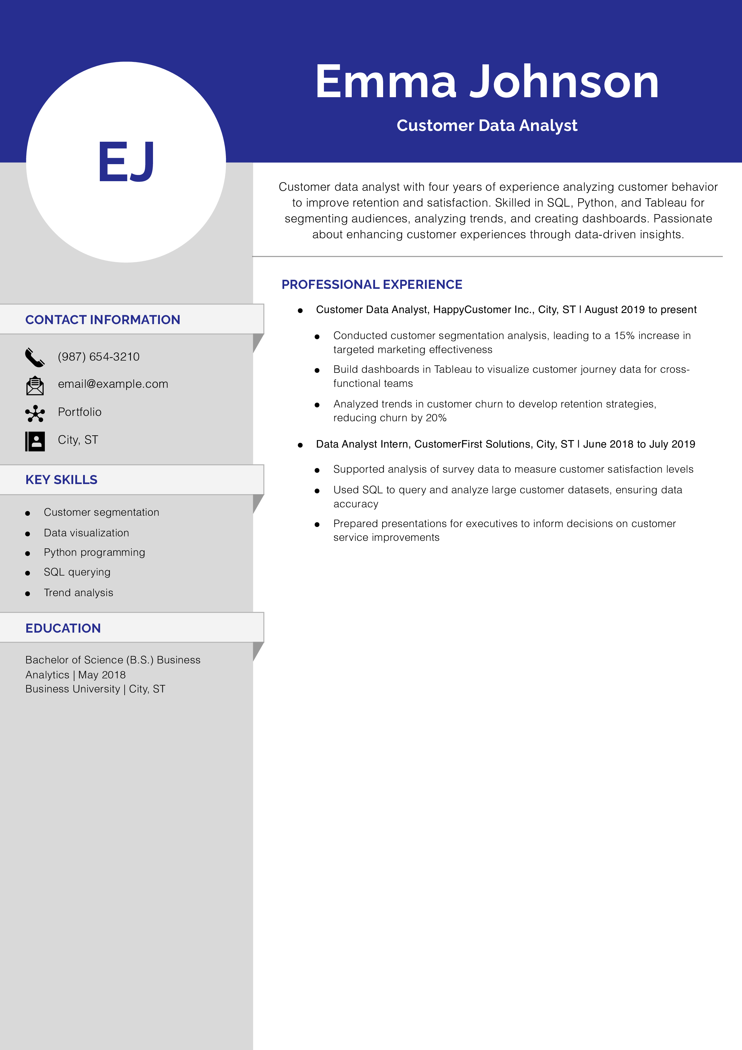 Customer Data Analyst Resume Example