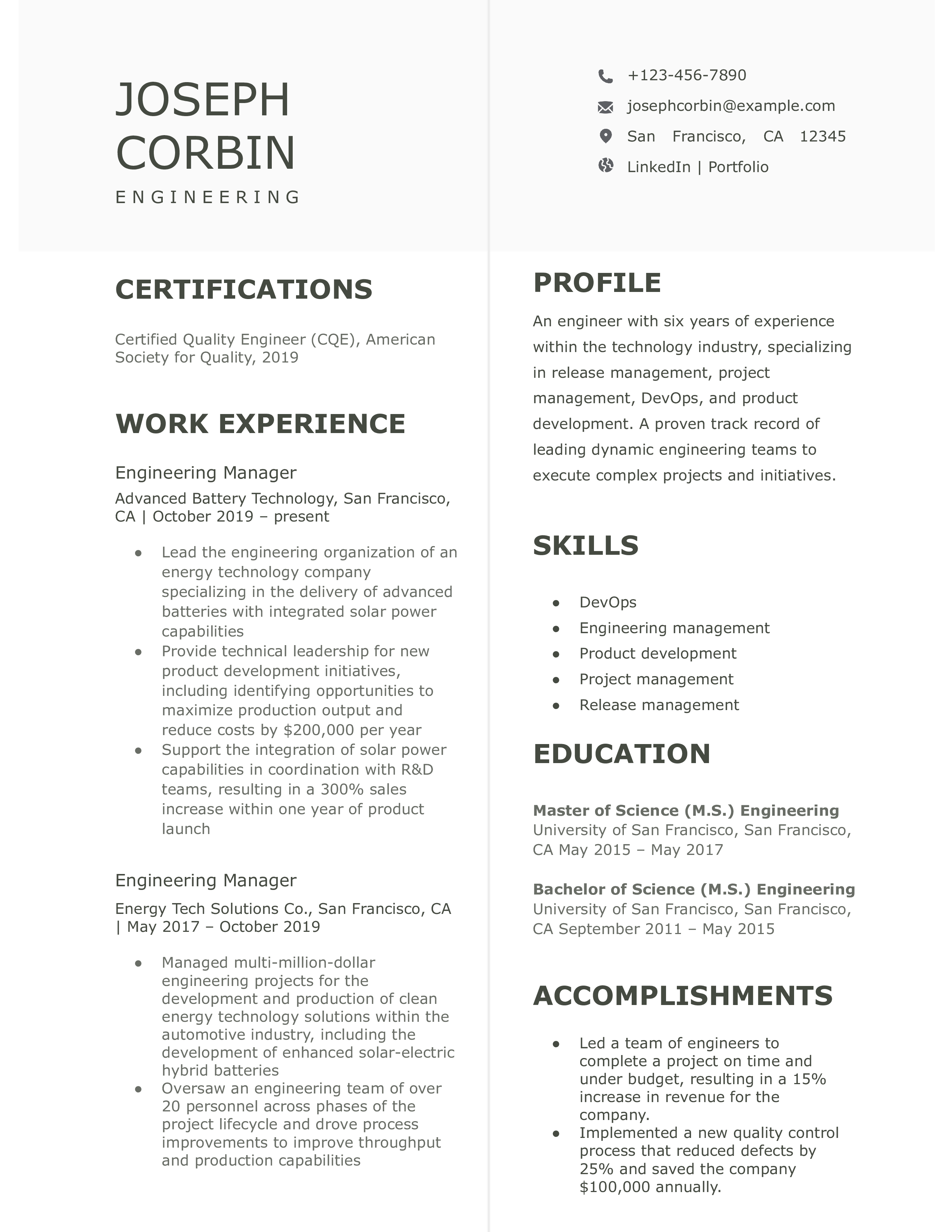 Engineering Resume Templates and Examples