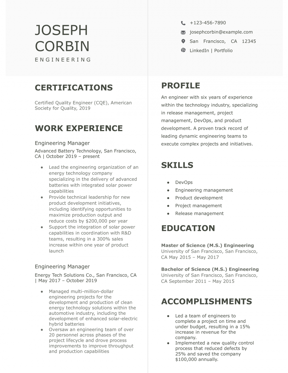 Engineering Resume Templates and Examples
