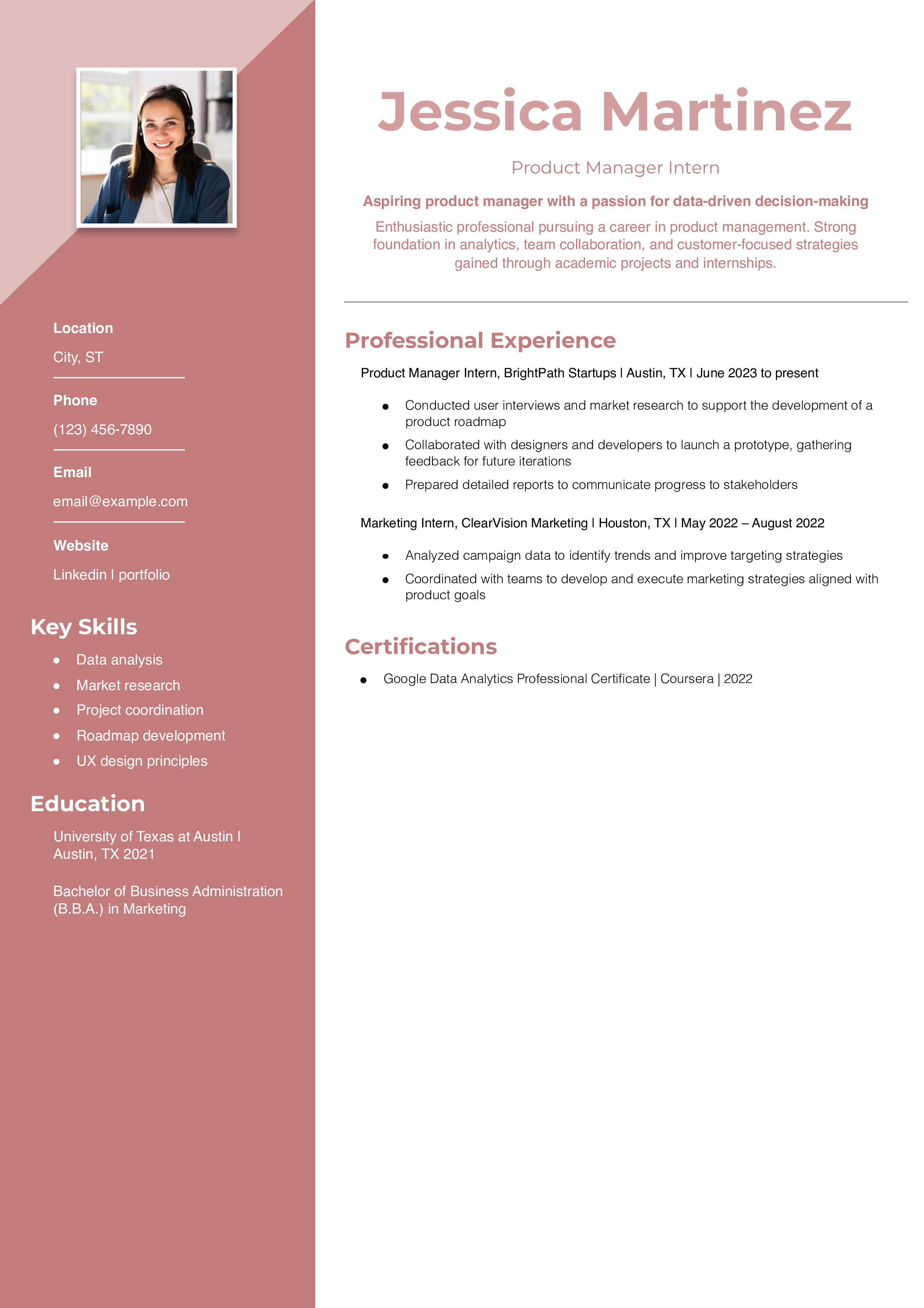 Entry-Level Product Manager Intern Resume Example