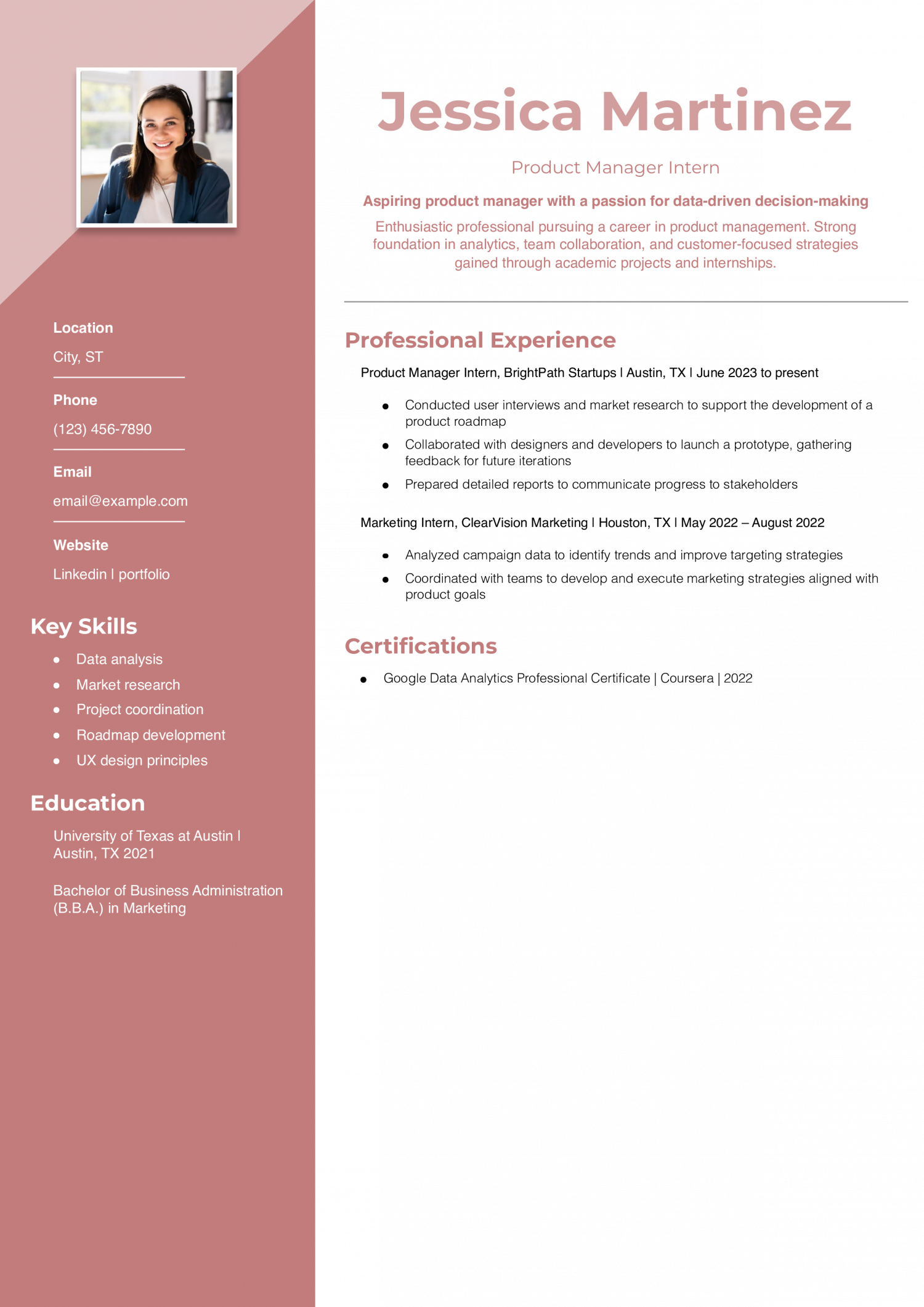 Entry-Level Product Manager Intern Resume Example