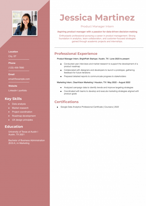 Entry-Level Product Manager Intern Resume Example