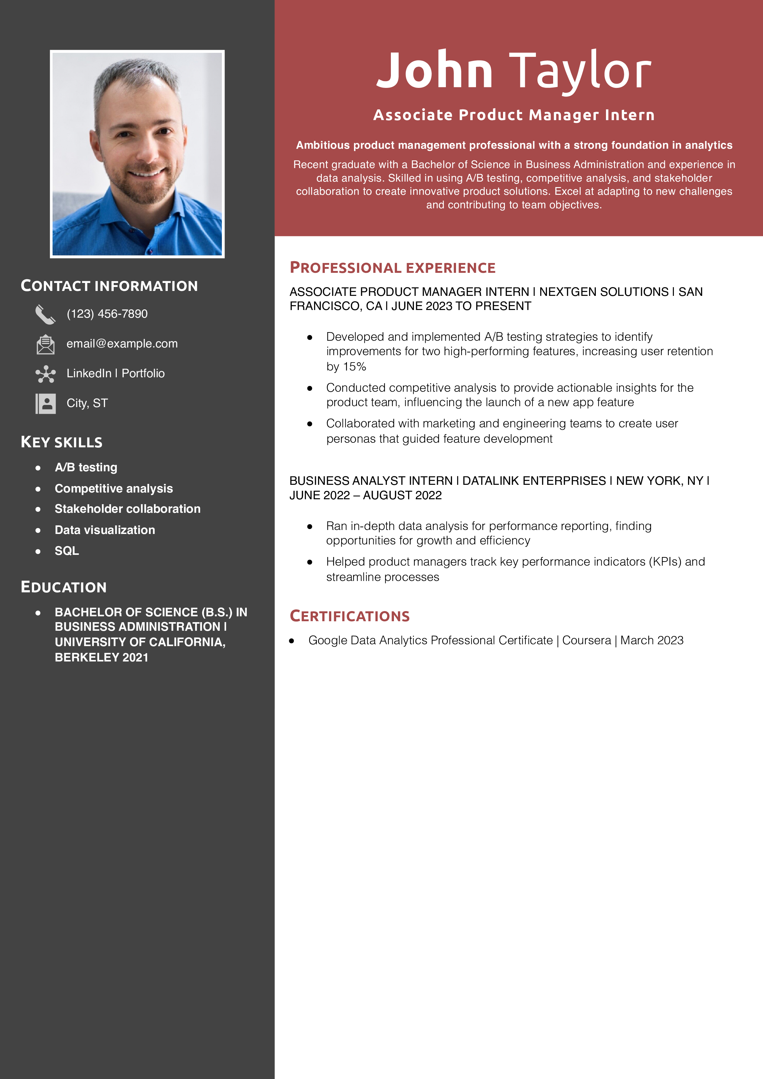 Entry-Level Product Manager Resume Example