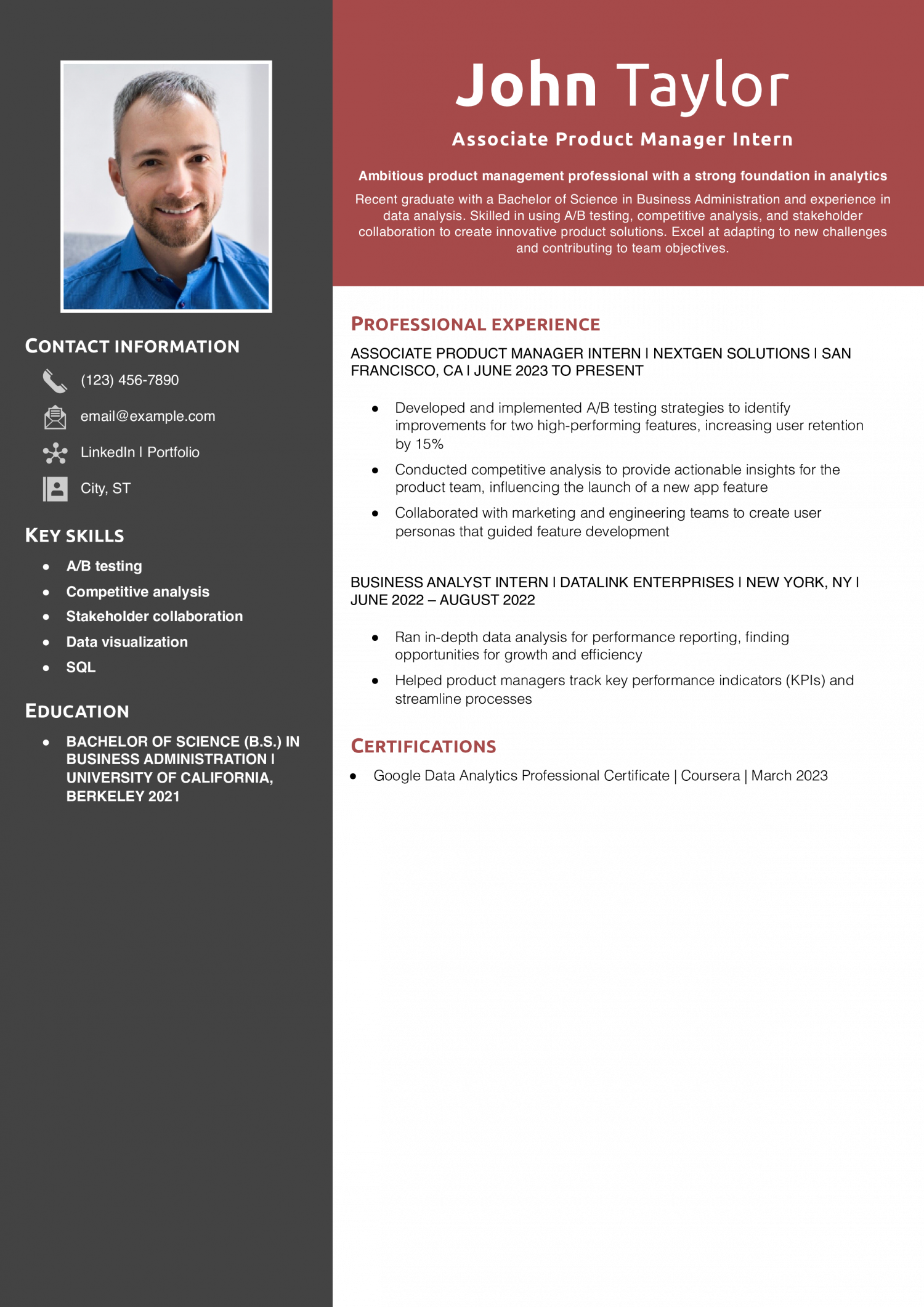 Entry-Level Product Manager Resume Example