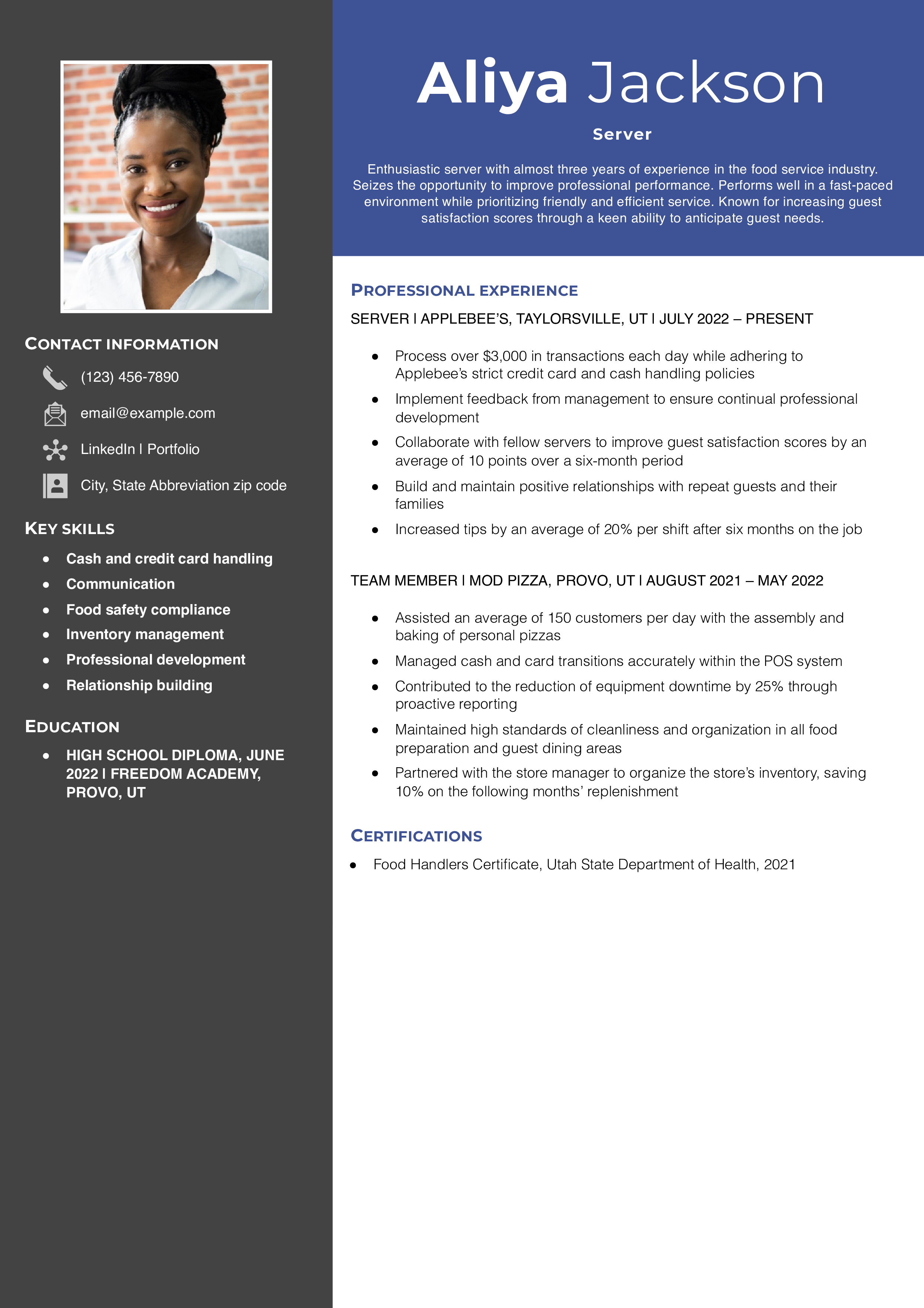 Entry-Level Server Resume Example