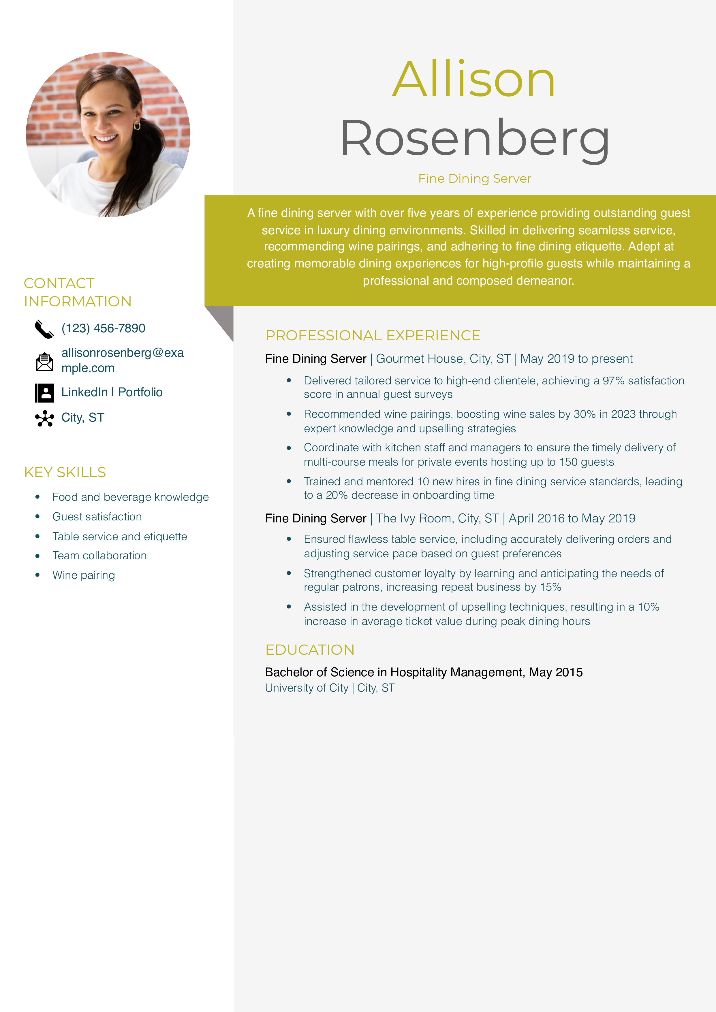 Fine Dining Server Resume Example