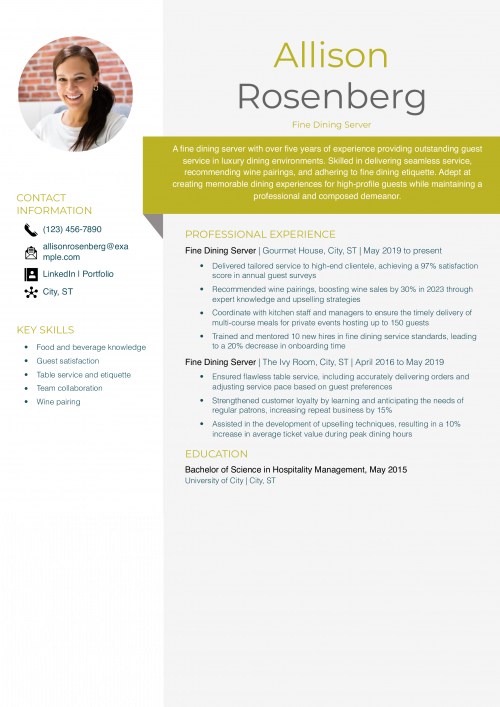 Fine Dining Server Resume Example