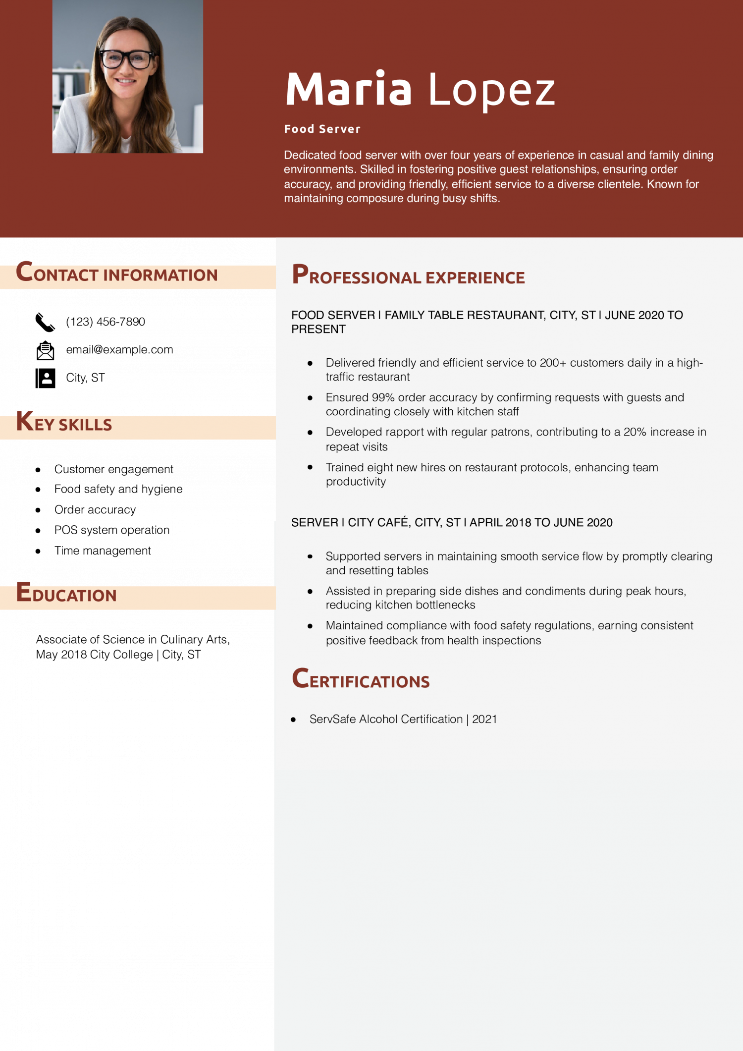 Food Server Resume Example