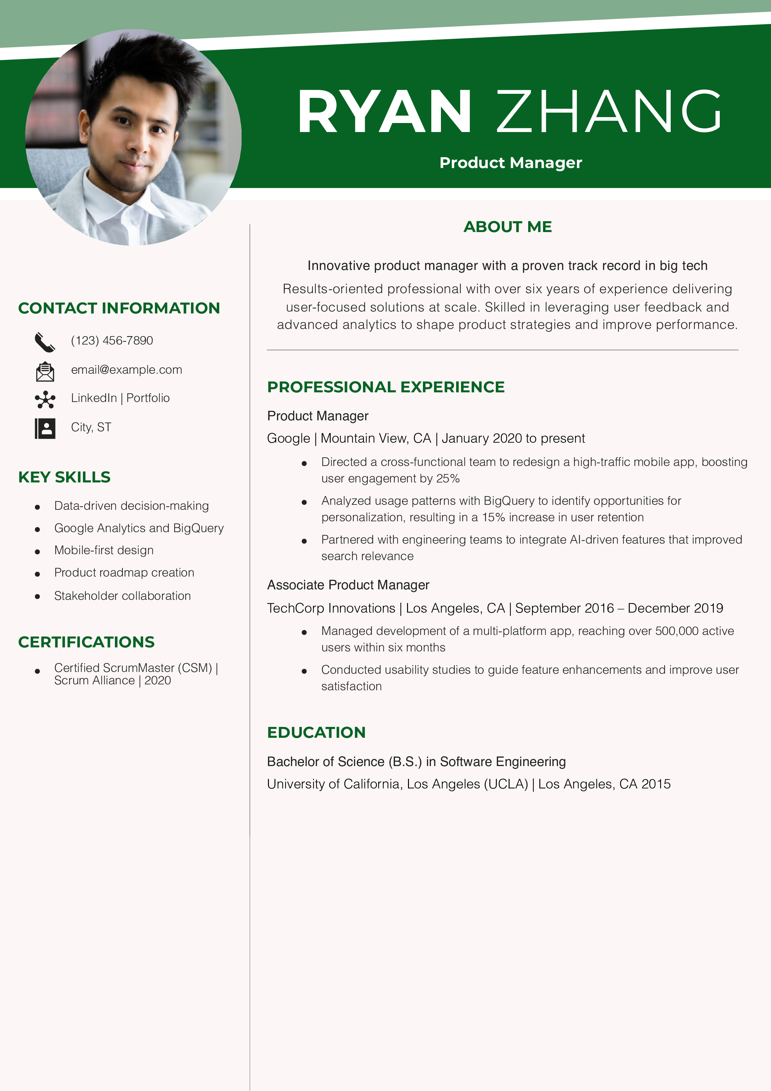 Google Product Manager Resume Example