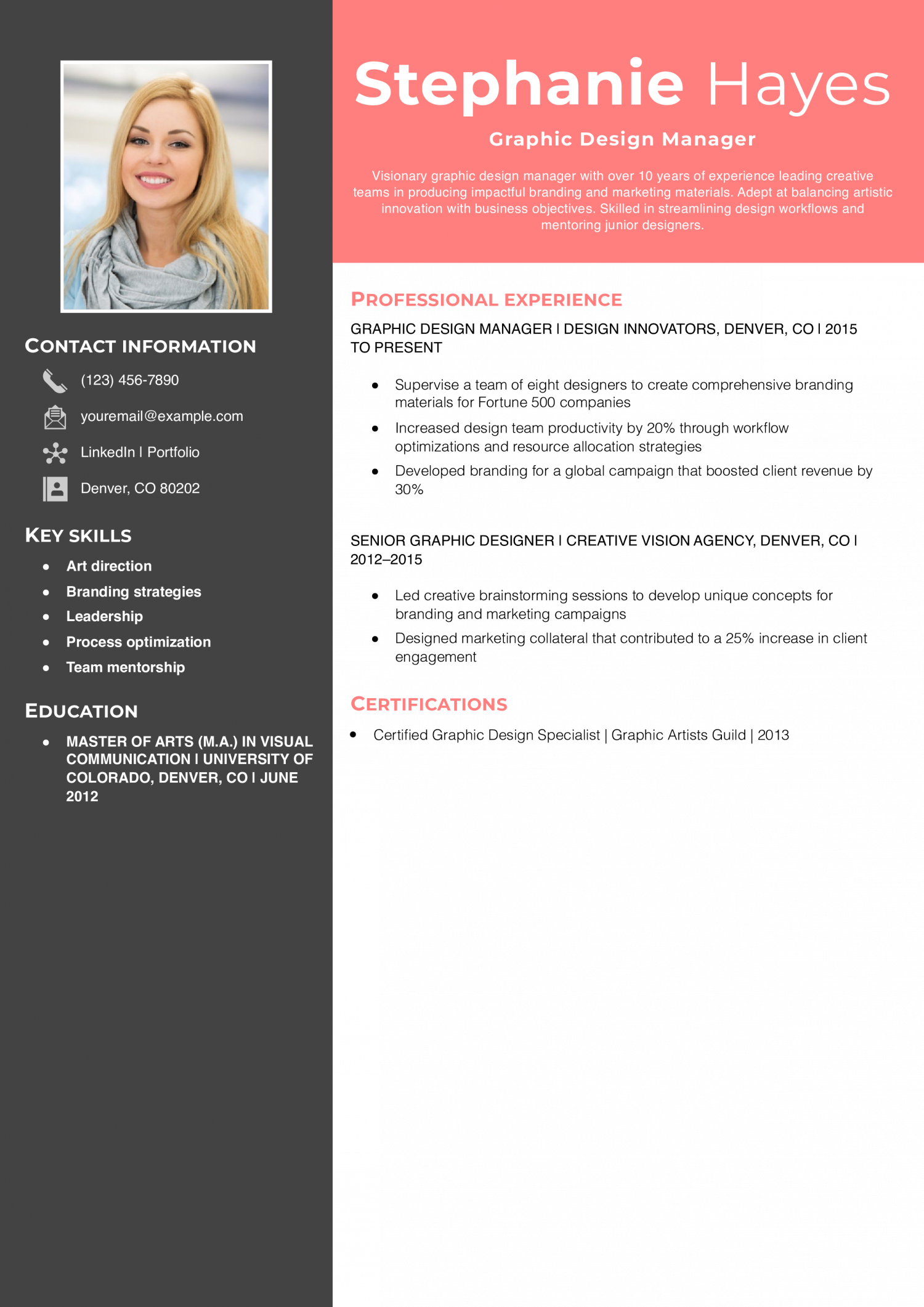 Graphic Design Manager Resume Example
