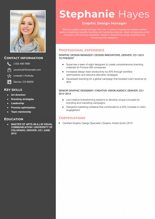 Graphic Design Manager Resume Example