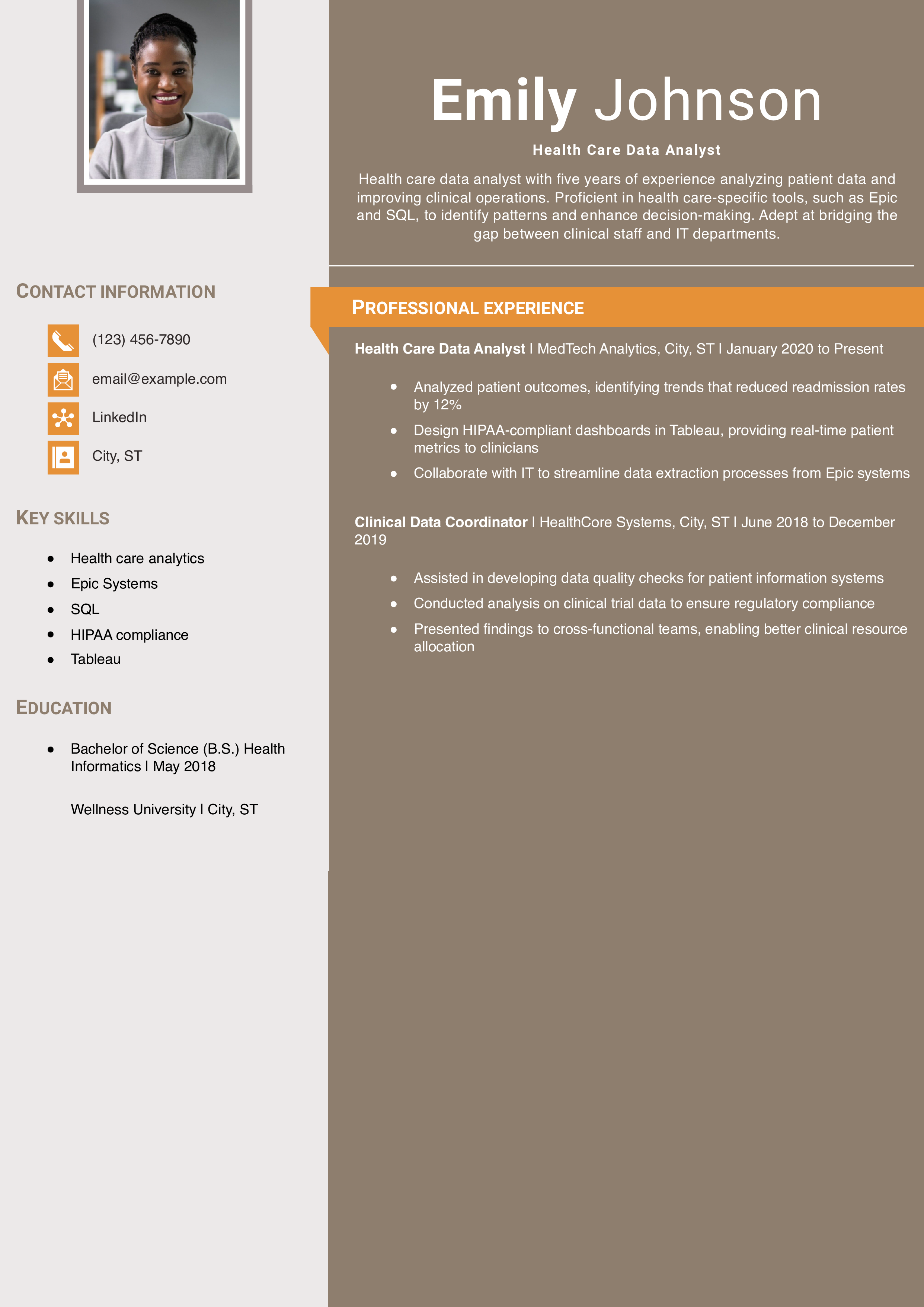 Health Care Data Analyst Resume Example
