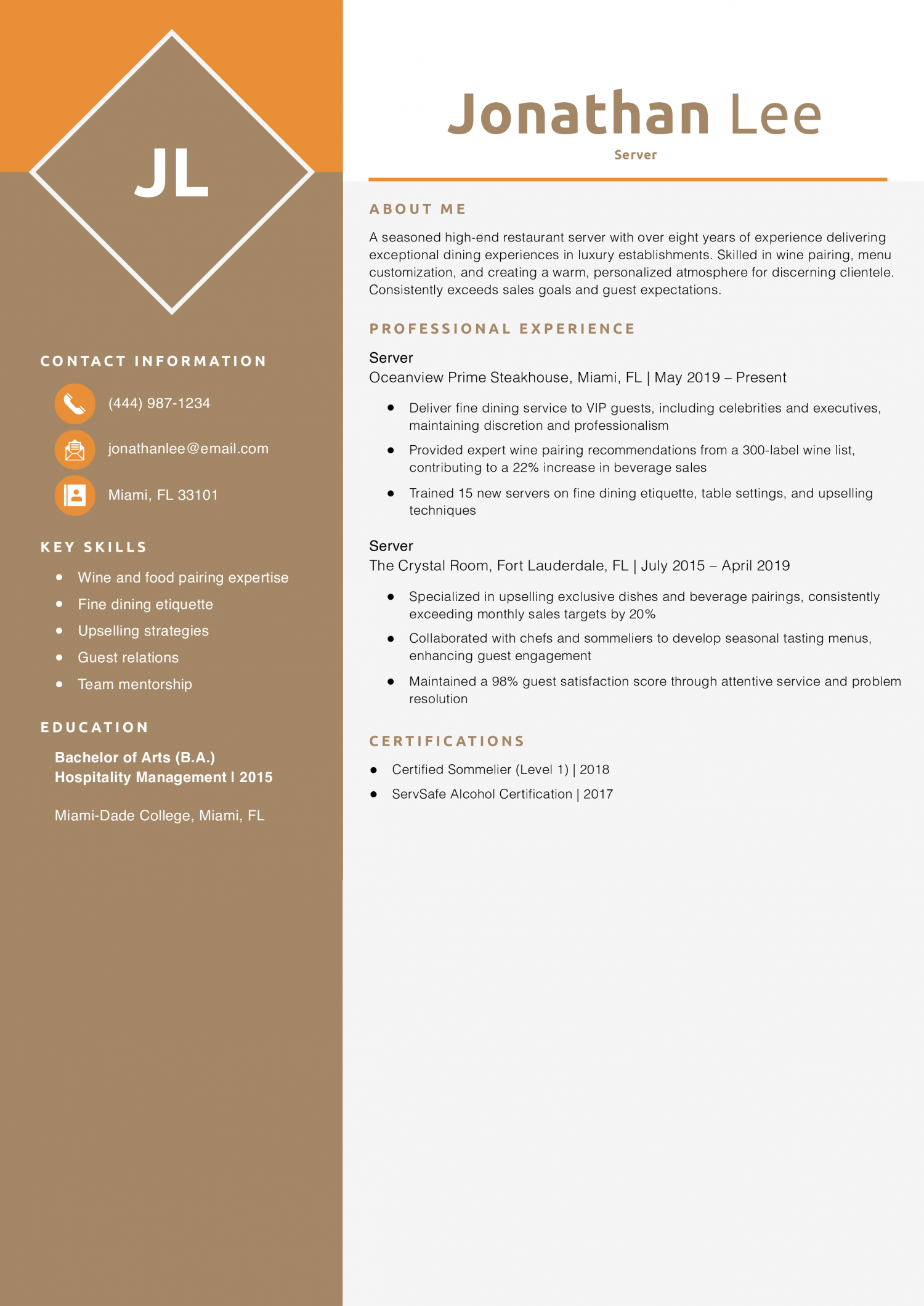 High-End Restaurant Server Resume Example