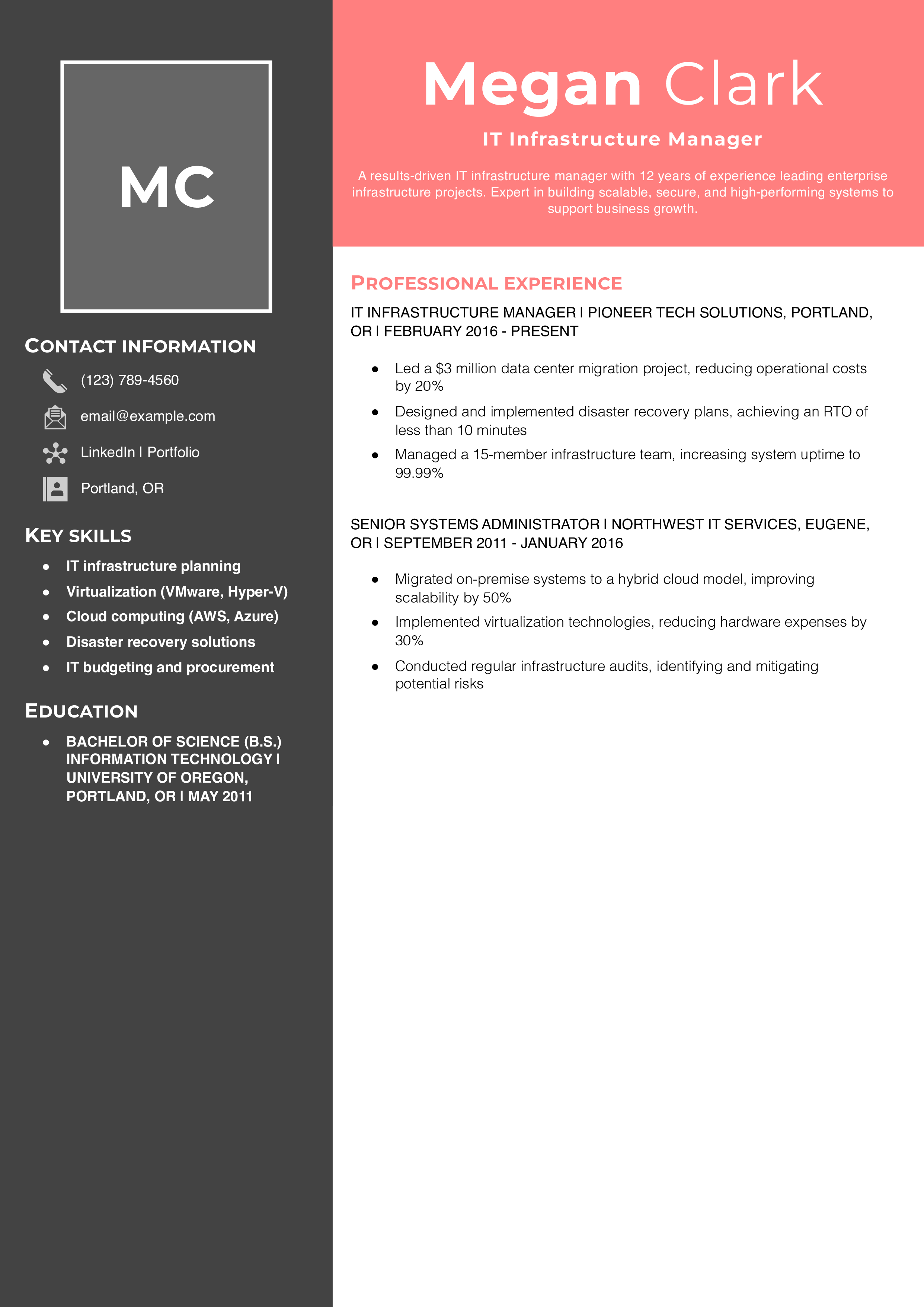 IT Infrastructure Manager Resume Example