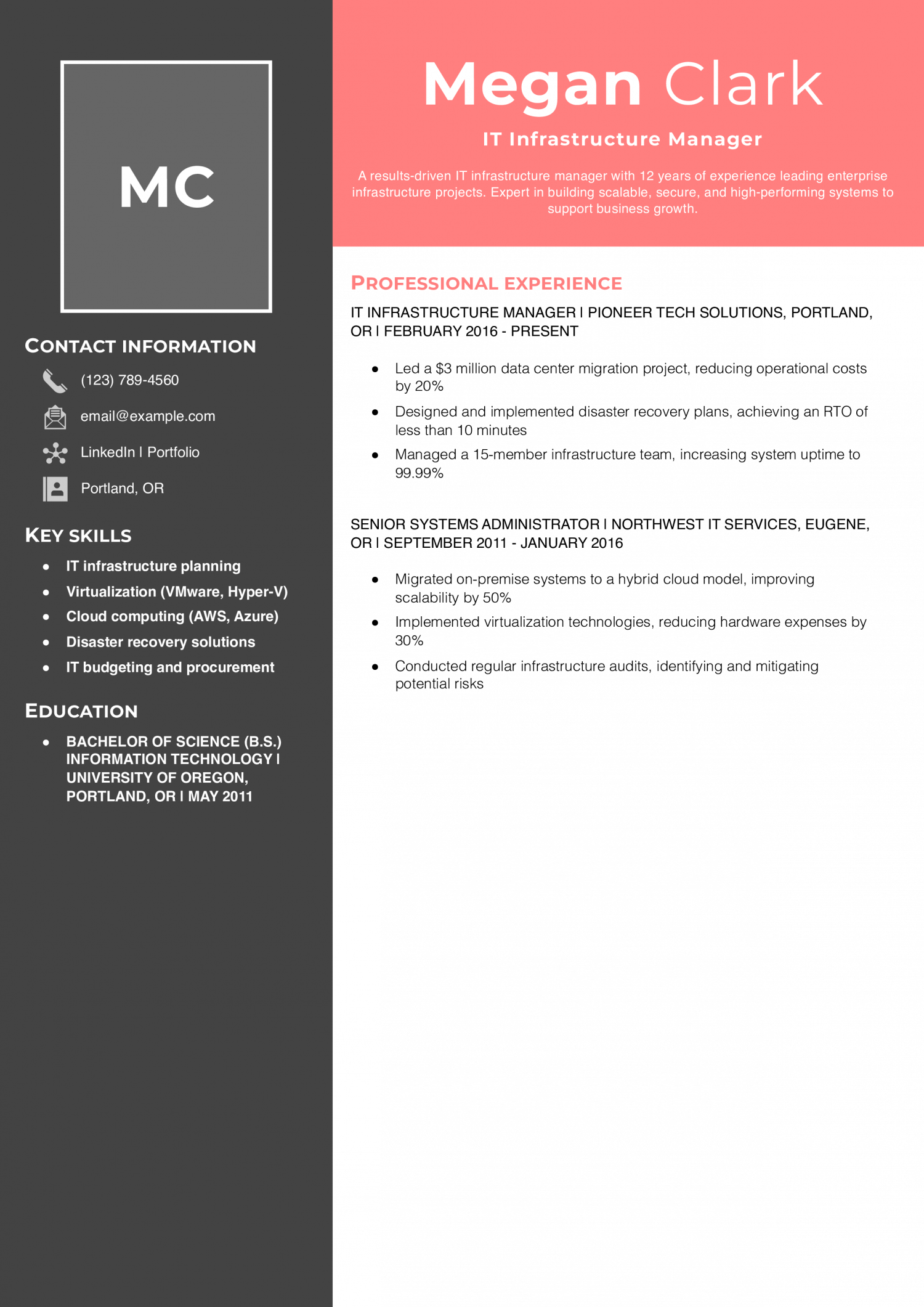 IT Infrastructure Manager Resume Example