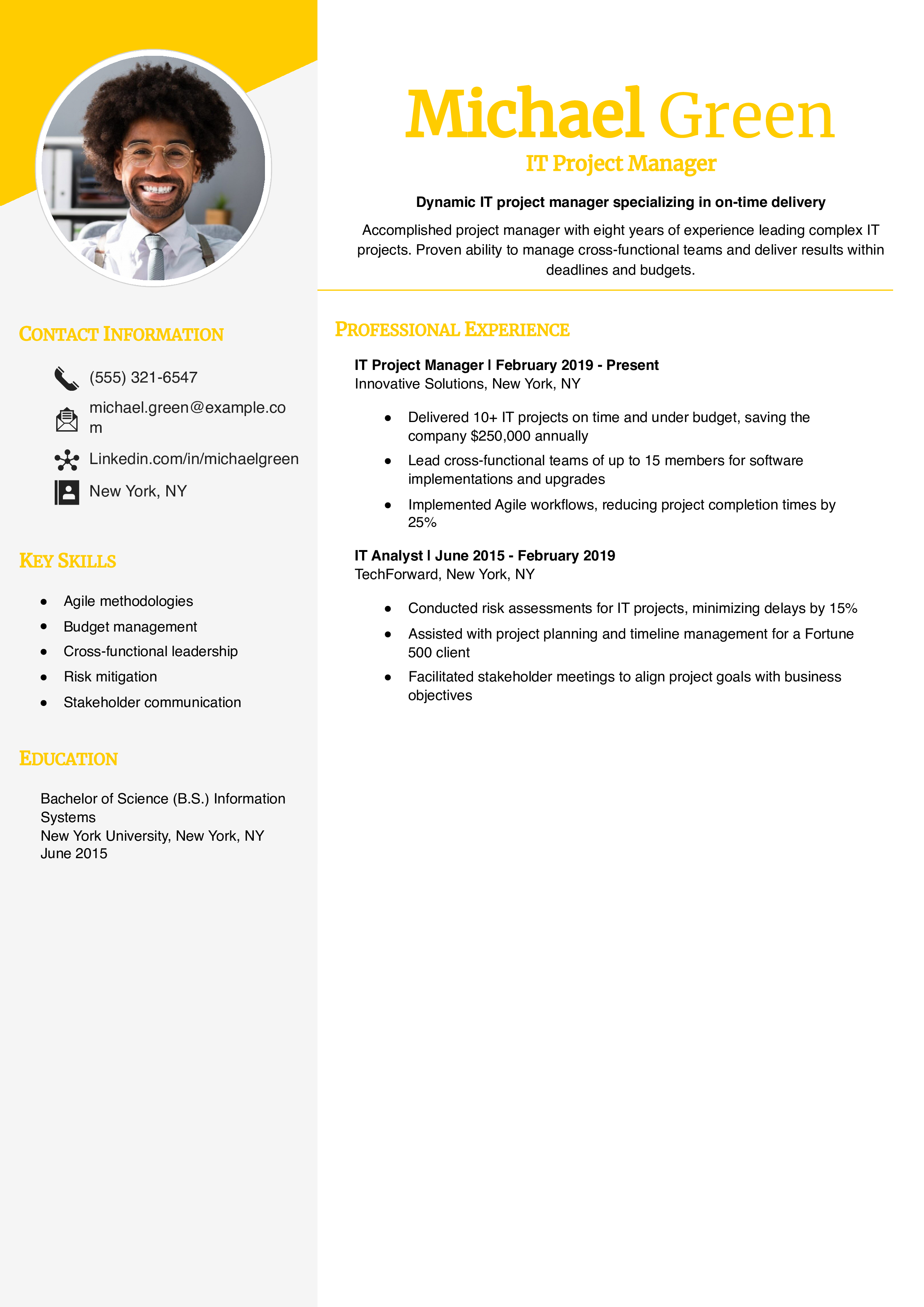 IT Project Manager Resume Example