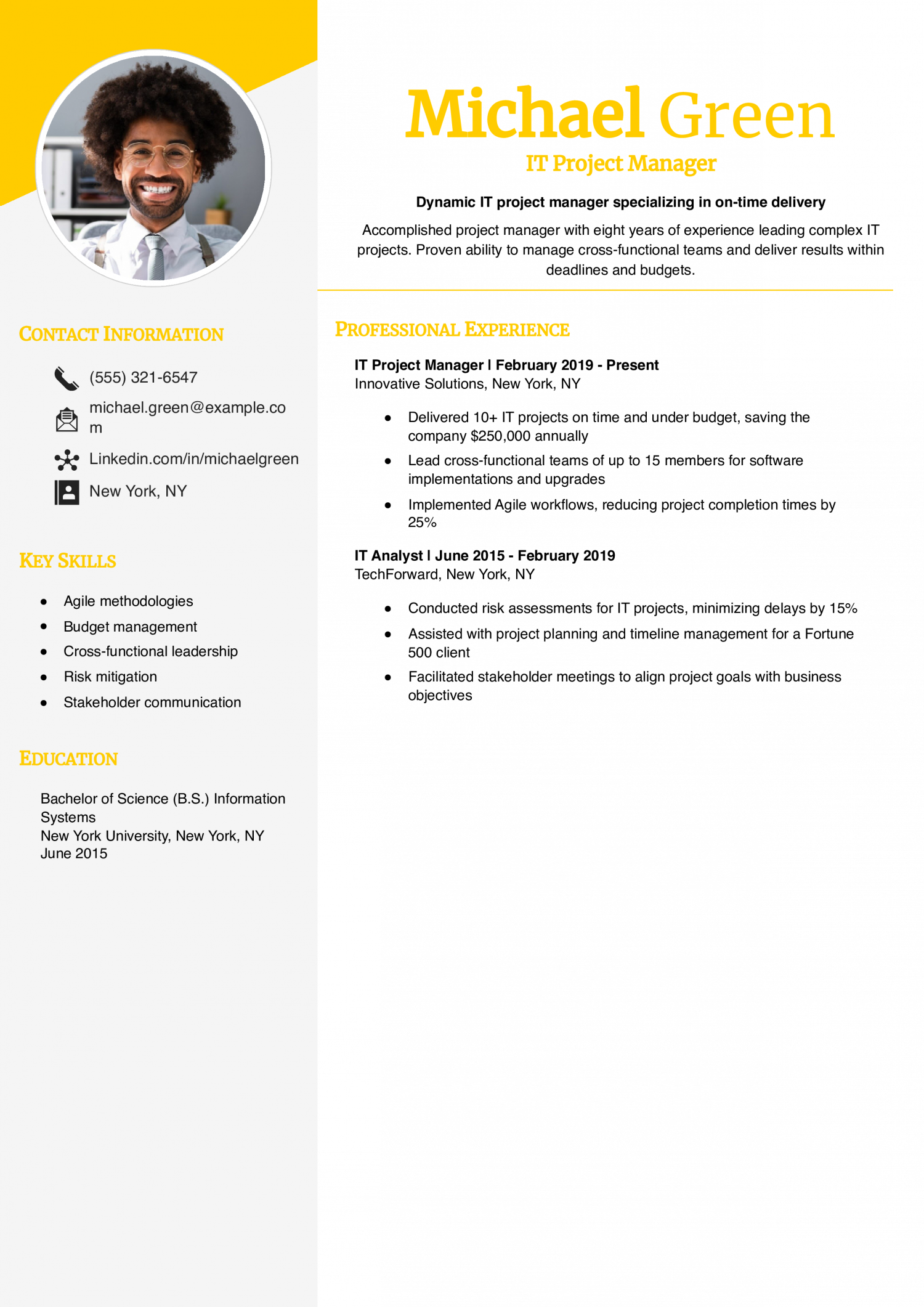 IT Project Manager Resume Example