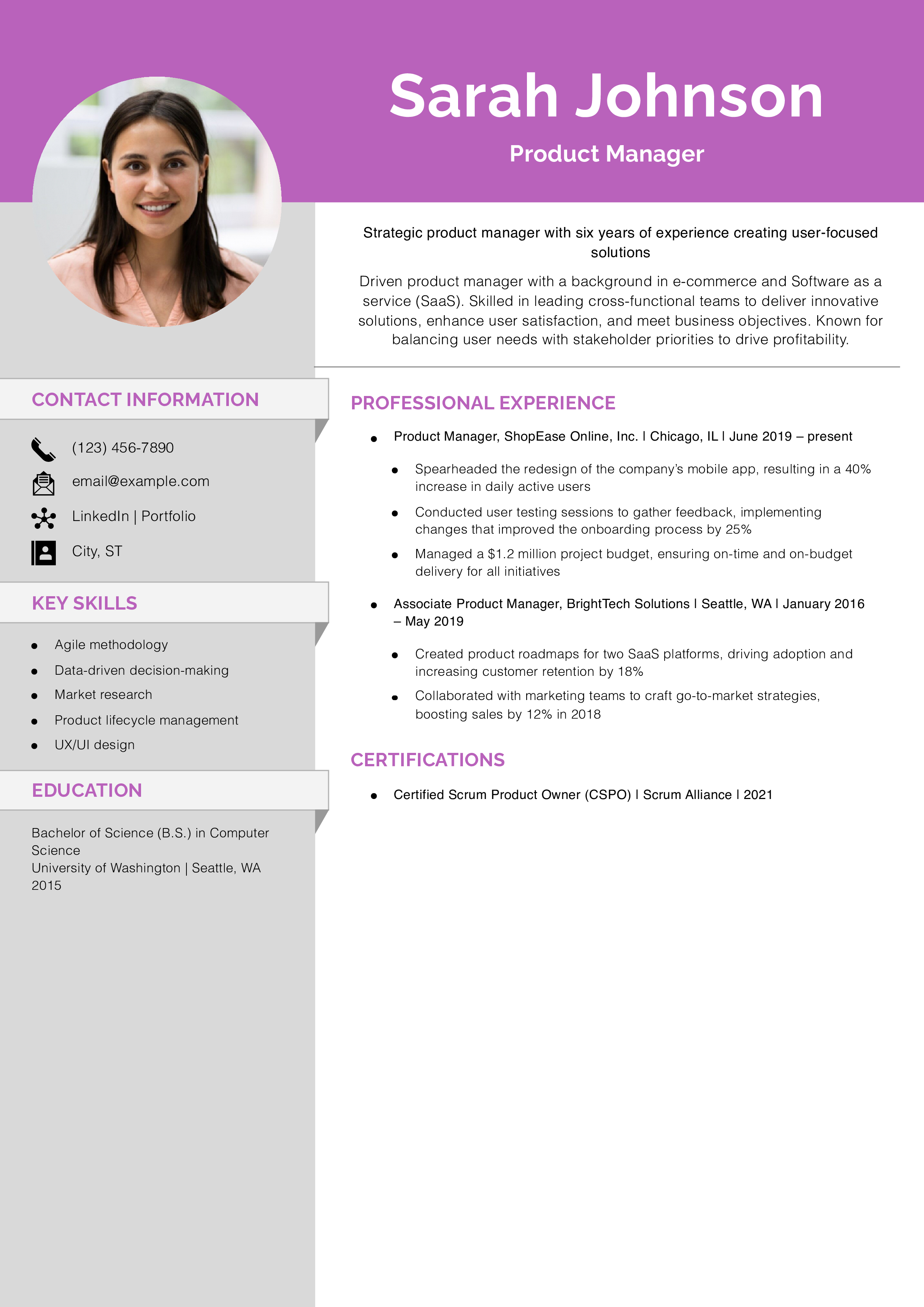 Mid-Career Product Manager Resume Example
