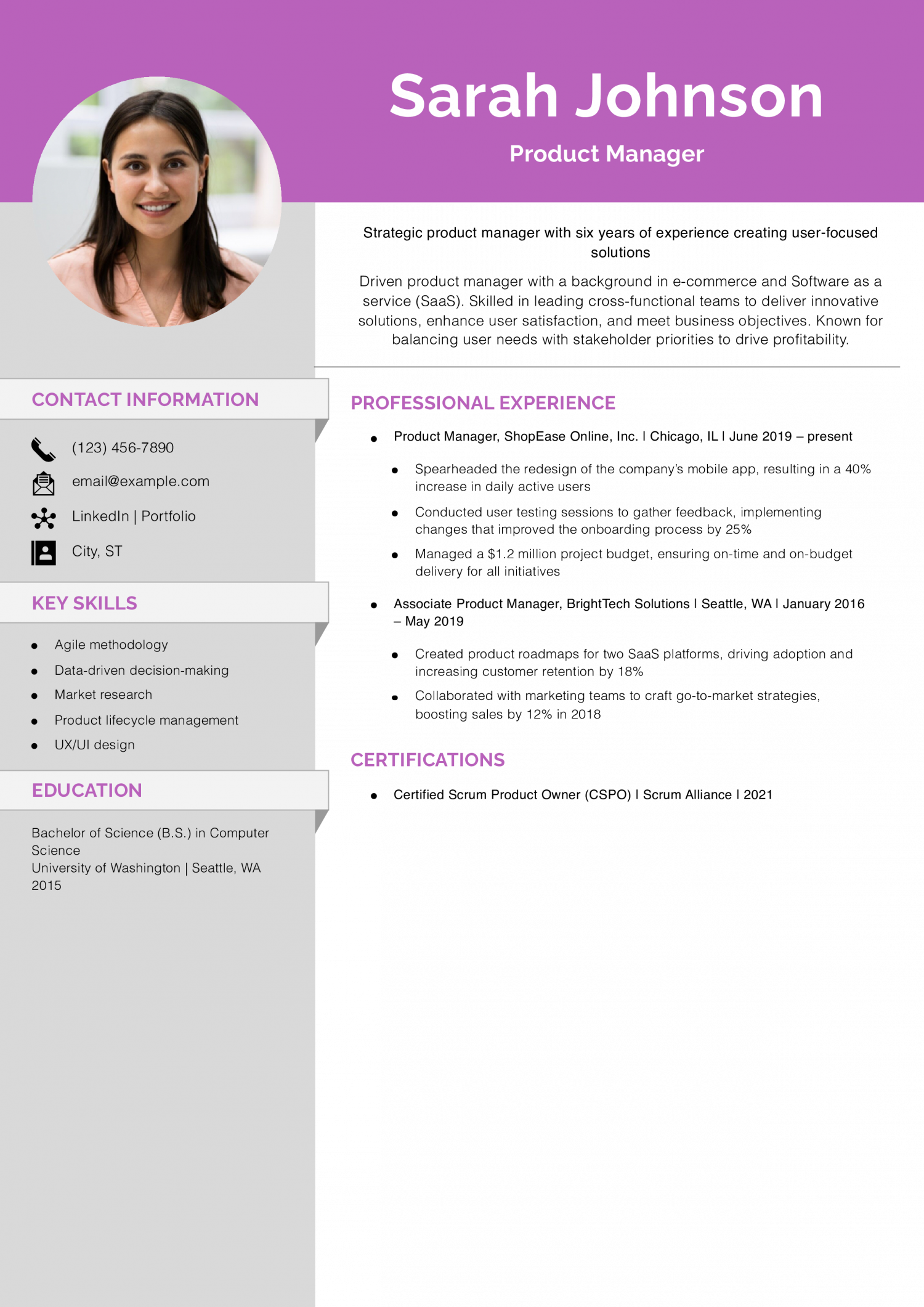Mid-Career Product Manager Resume Example
