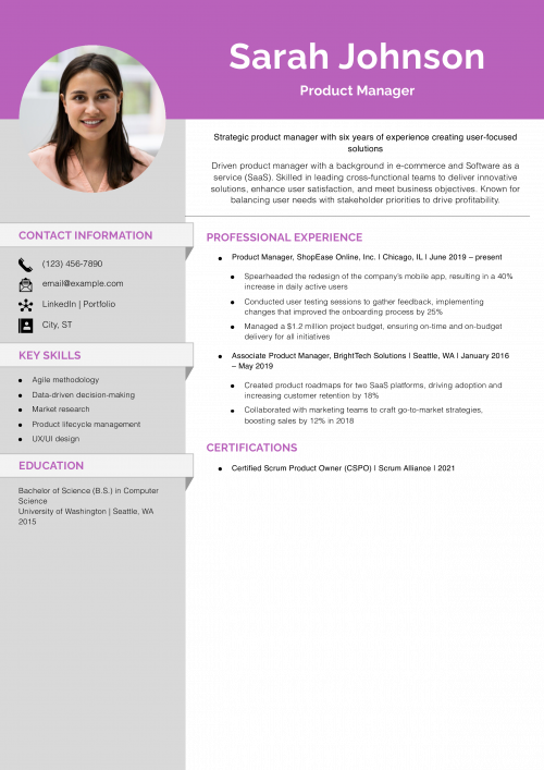 Mid-Career Product Manager Resume Example