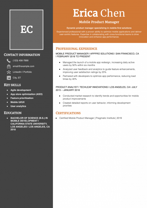 Mobile Product Manager Resume Example