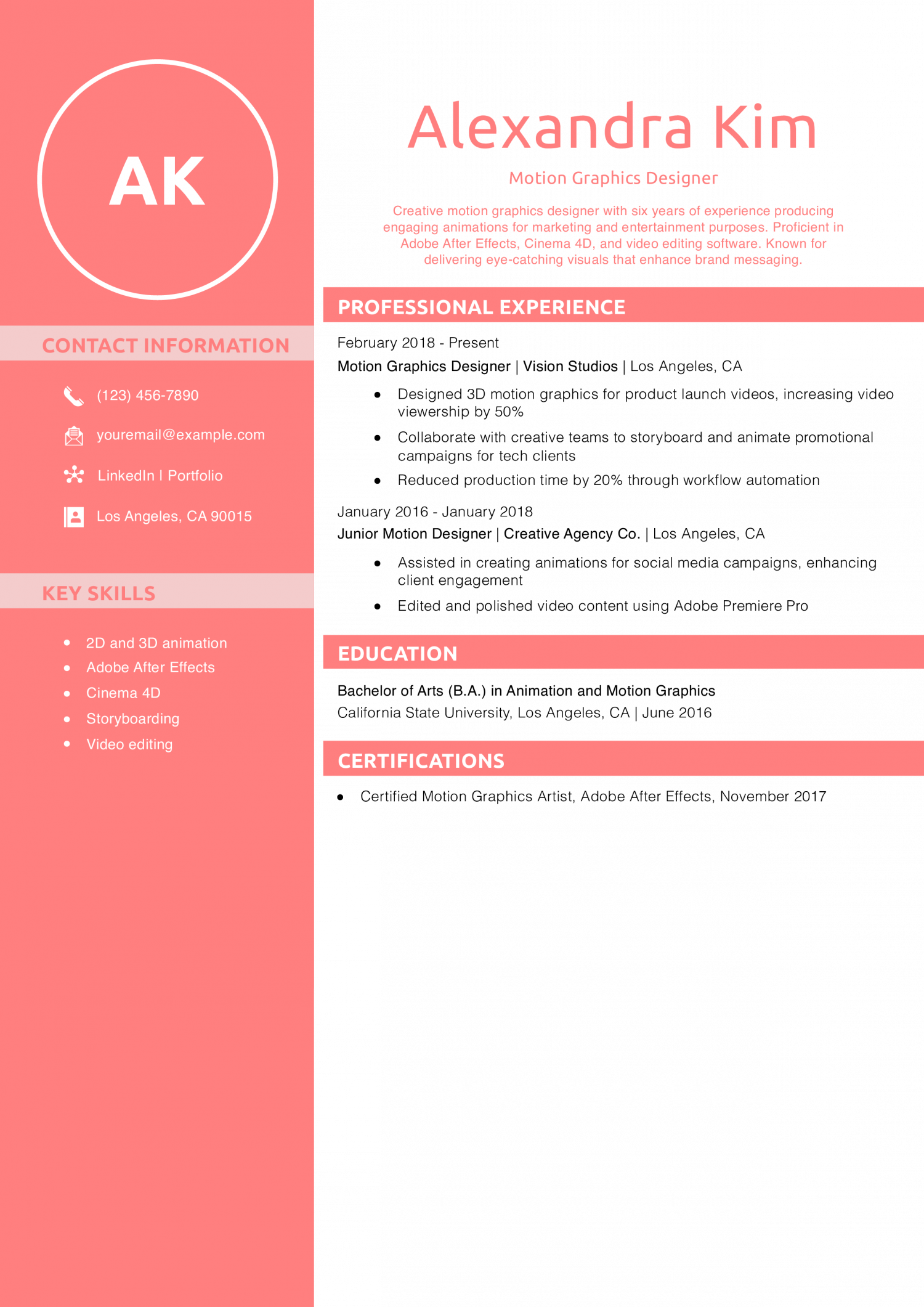 Motion Graphics Designer Resume Example