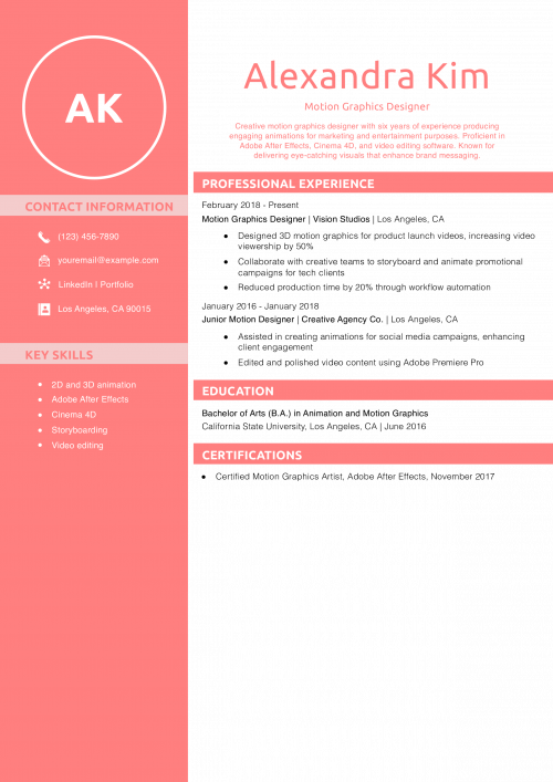 Motion Graphics Designer Resume Example
