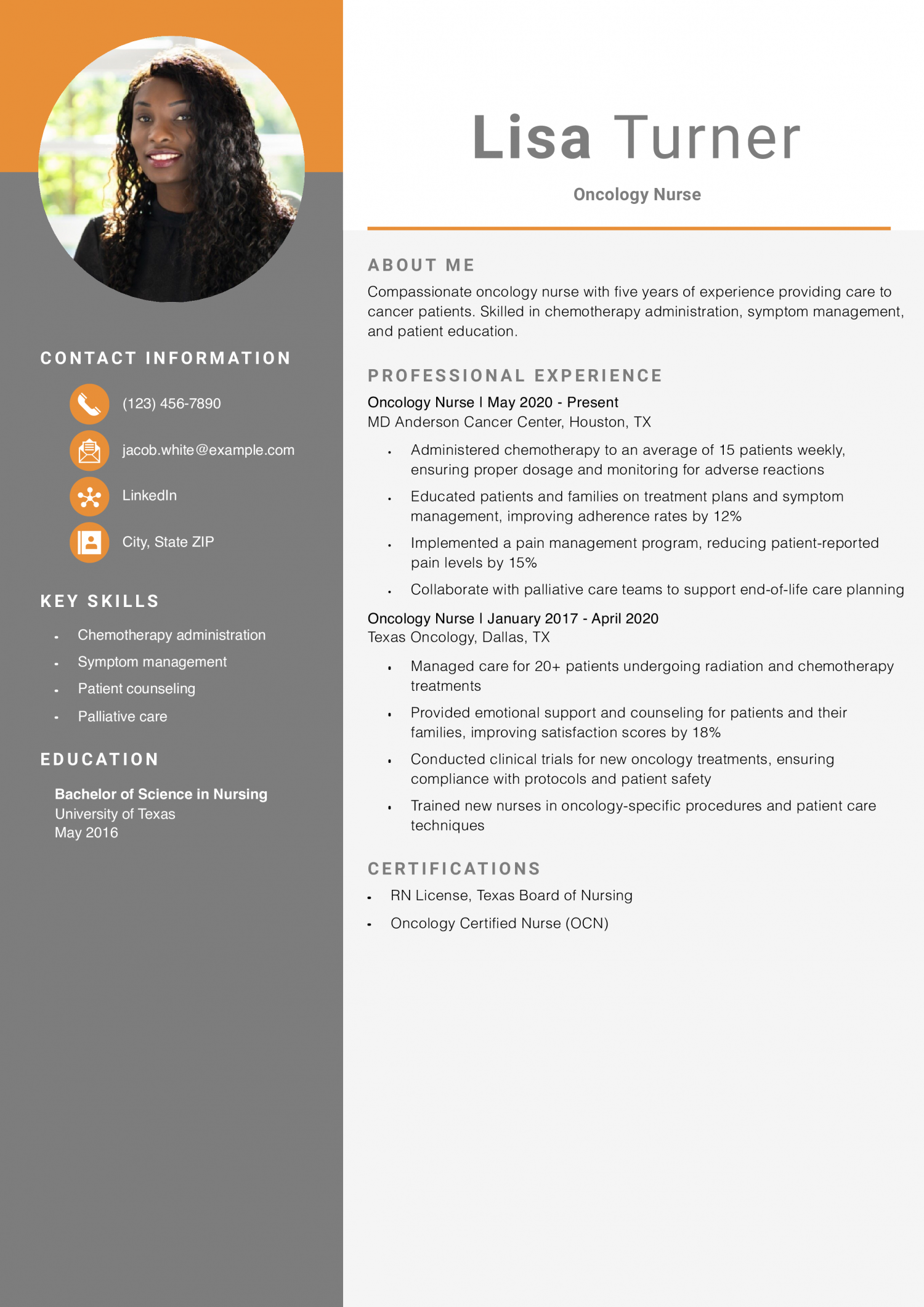 Oncology Nurse Resume Example